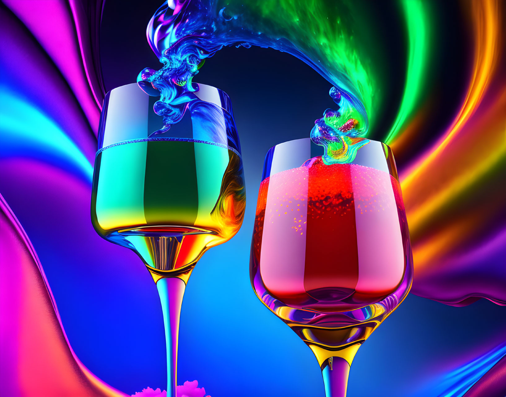 Colorful Swirling Liquid in Glasses on Vibrant Background