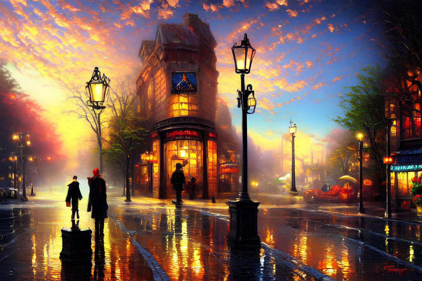 Vibrant street scene at dusk with illuminated street lamps and wet cobblestones