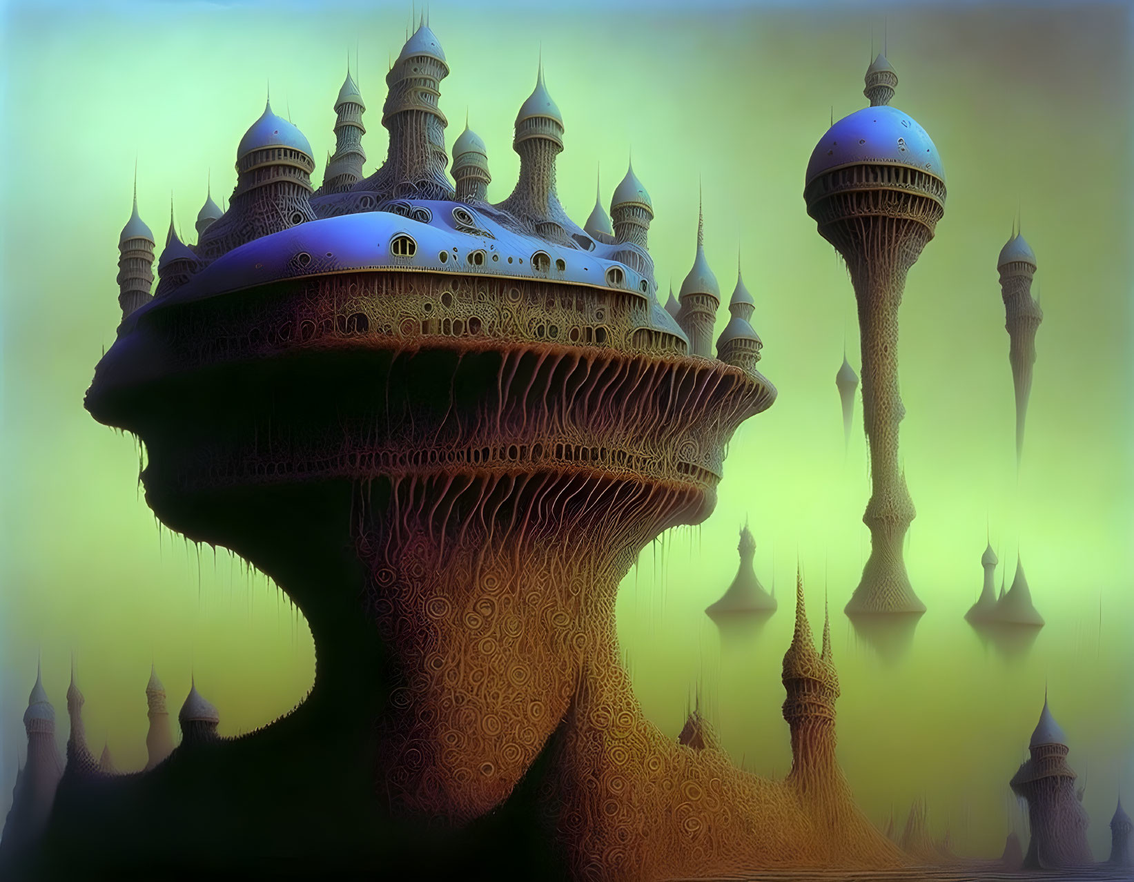 Mystic green-hazed sky over mushroom-shaped structures