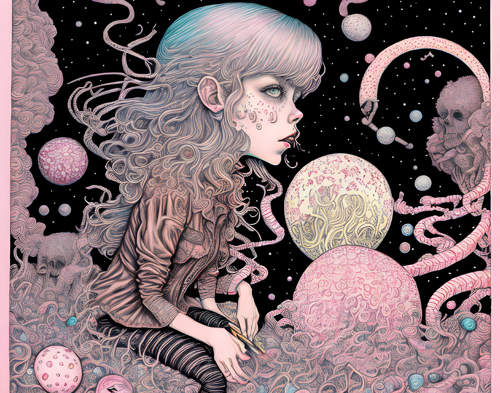 Vibrant surreal illustration of a girl with celestial bodies and tentacles