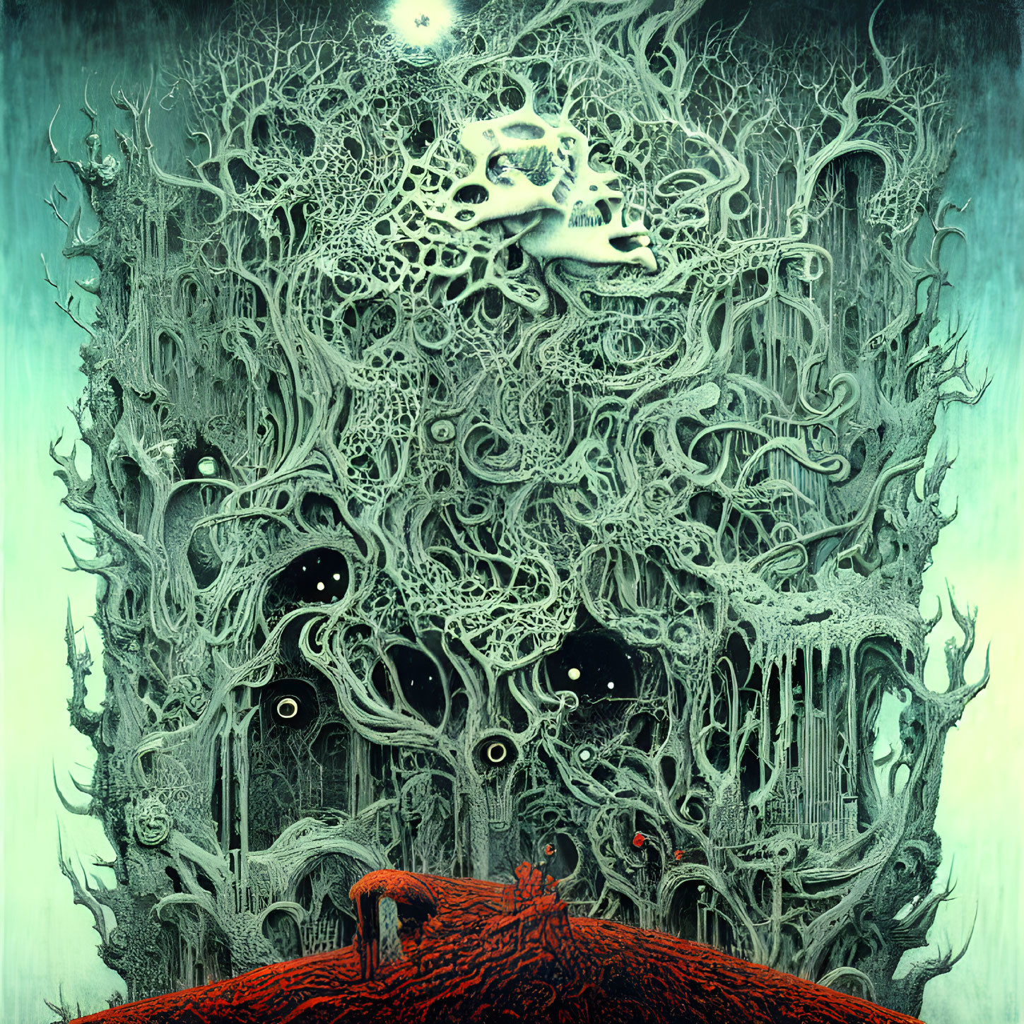 Intricate surreal tree with eyes and glowing figure on mound