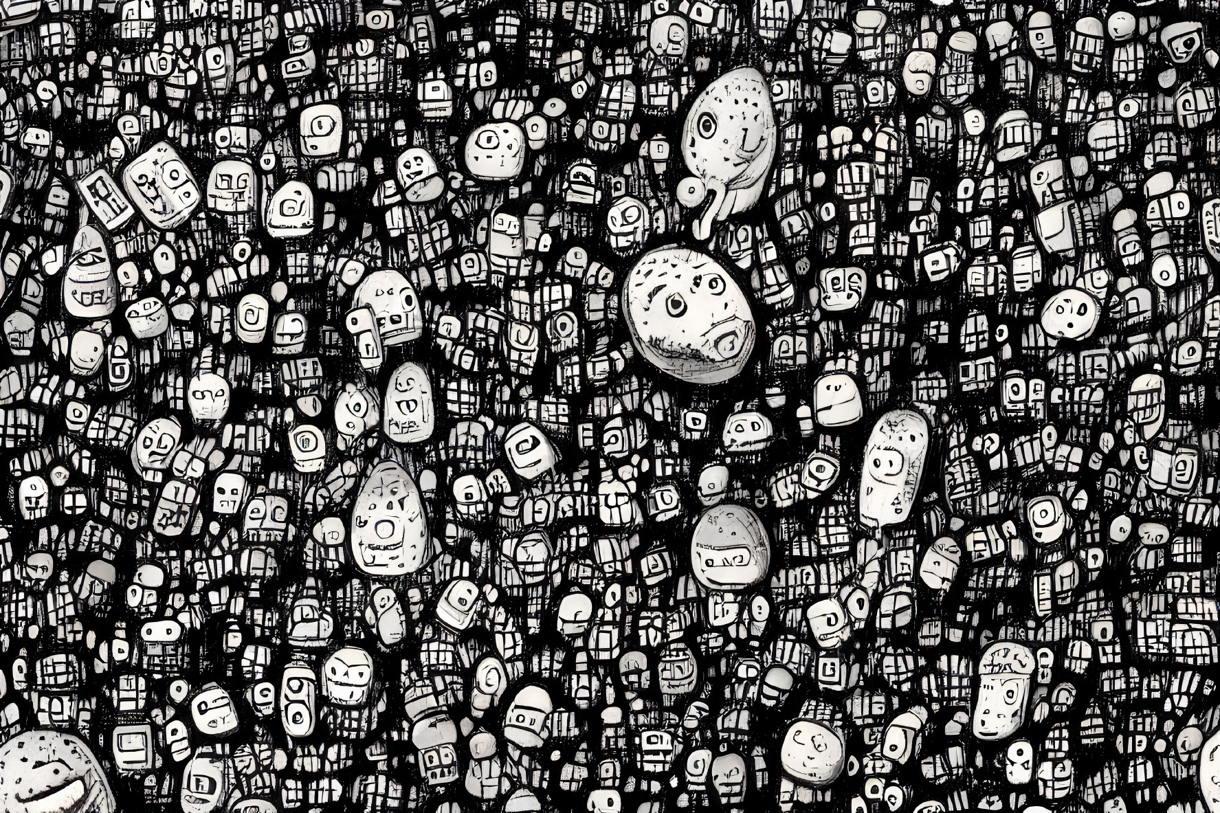 Monochrome illustration of dense, varied faces in tight formation