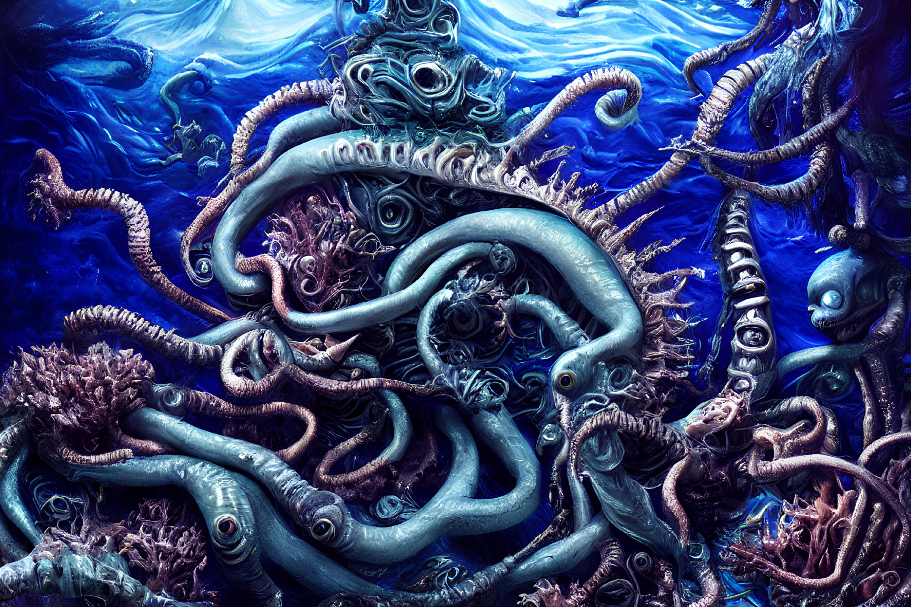 Vivid underwater scene with intertwining octopus tentacles