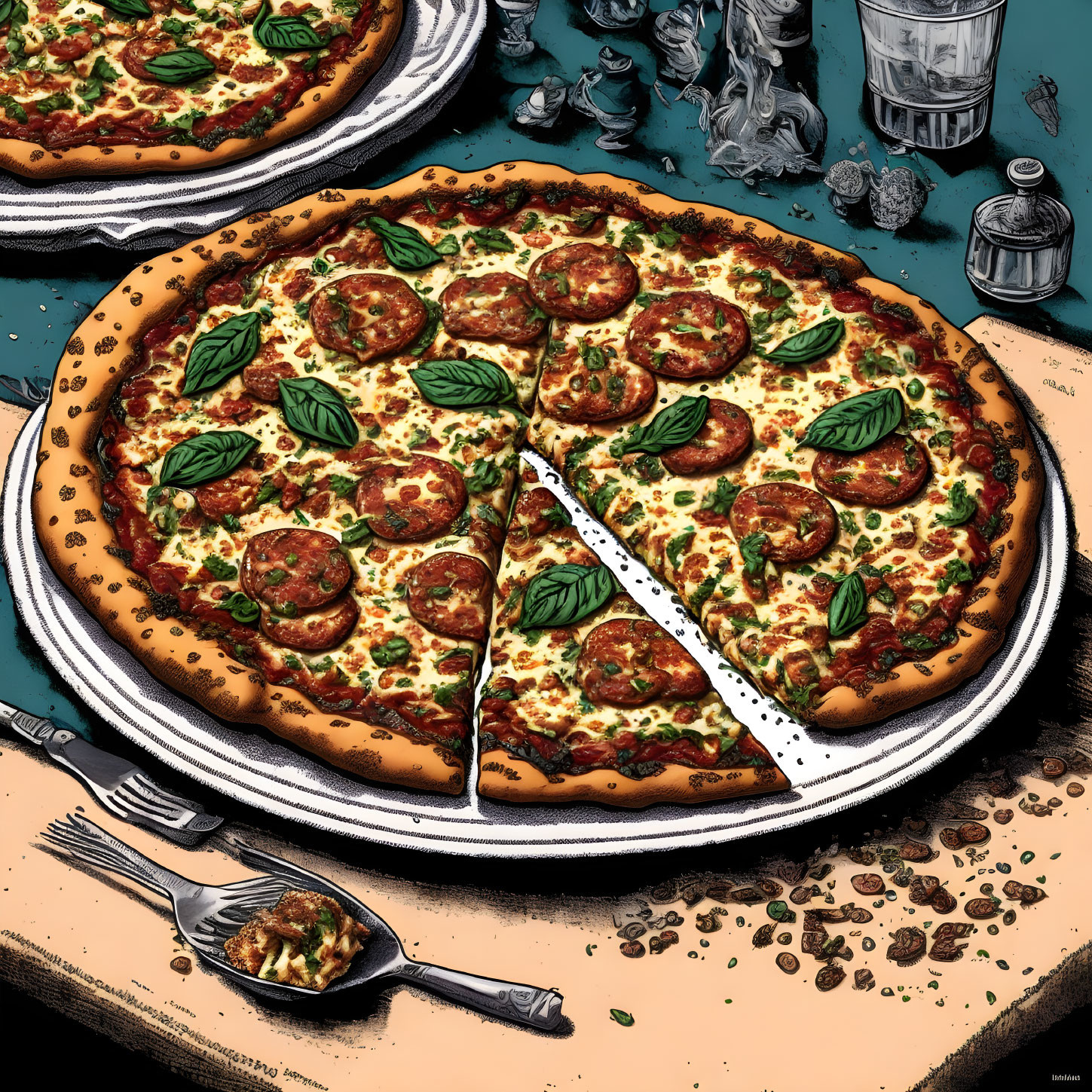 Pepperoni pizza illustration with melted cheese, spices, pizza cutter, and bottle