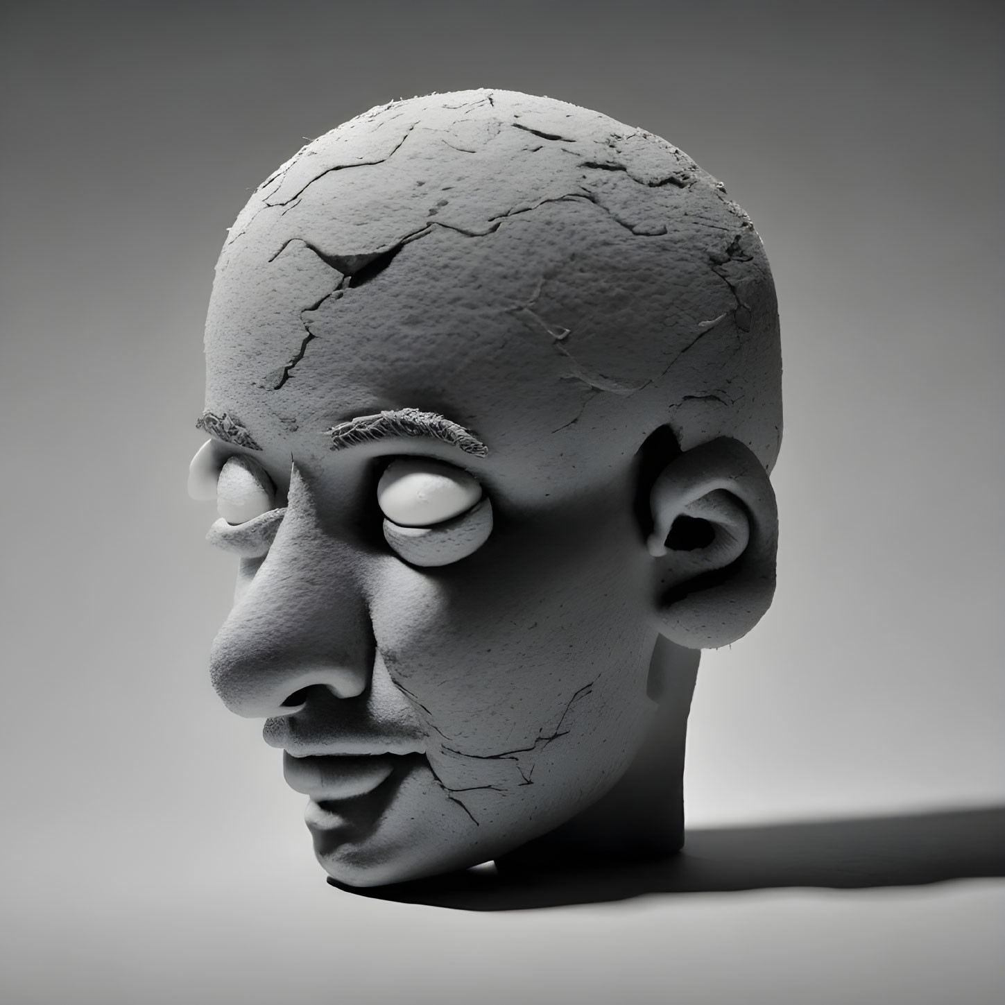 Monochrome cracked clay sculpture of human head with exaggerated features