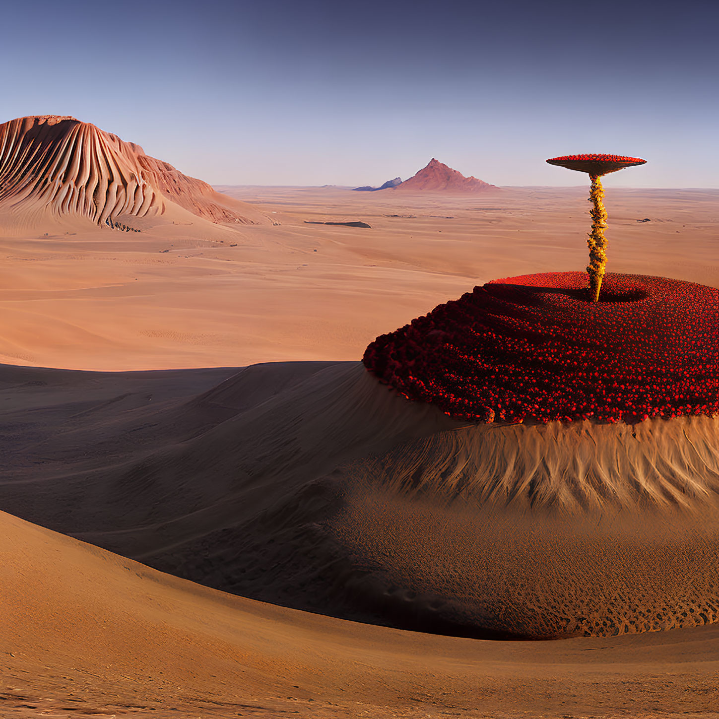 Surreal desert landscape with red and gold spool-like structure