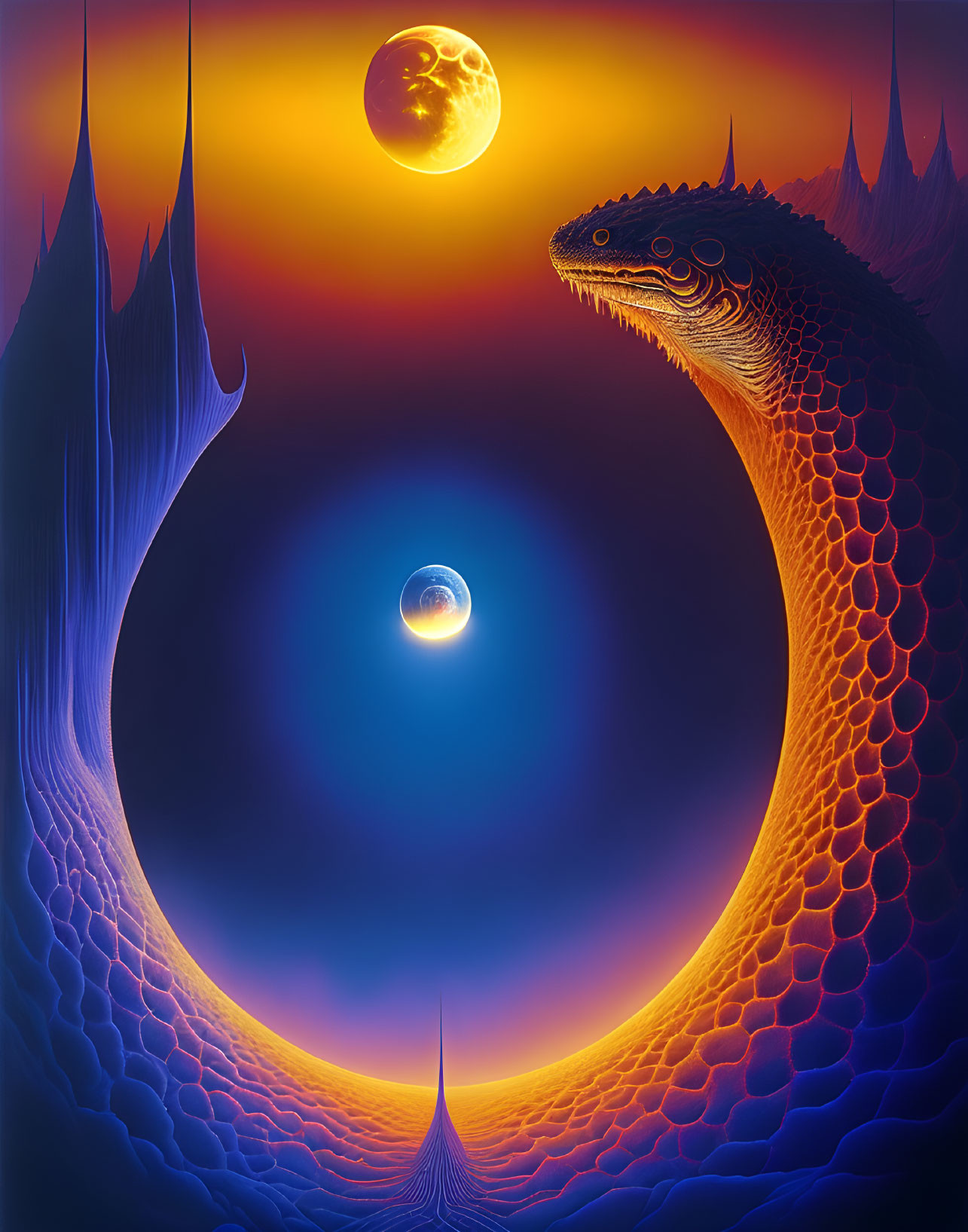 Colorful fantasy artwork: Giant serpent with intricate scales in surreal sunset with two moons