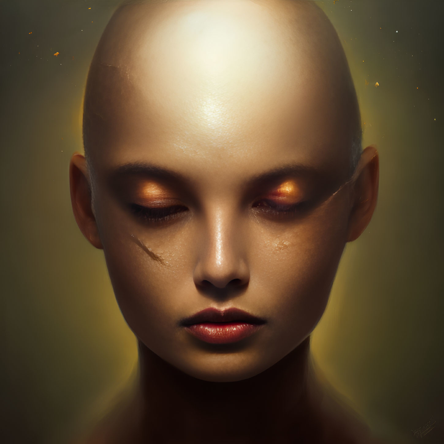 Bald humanoid digital portrait with closed eyes and orange irises