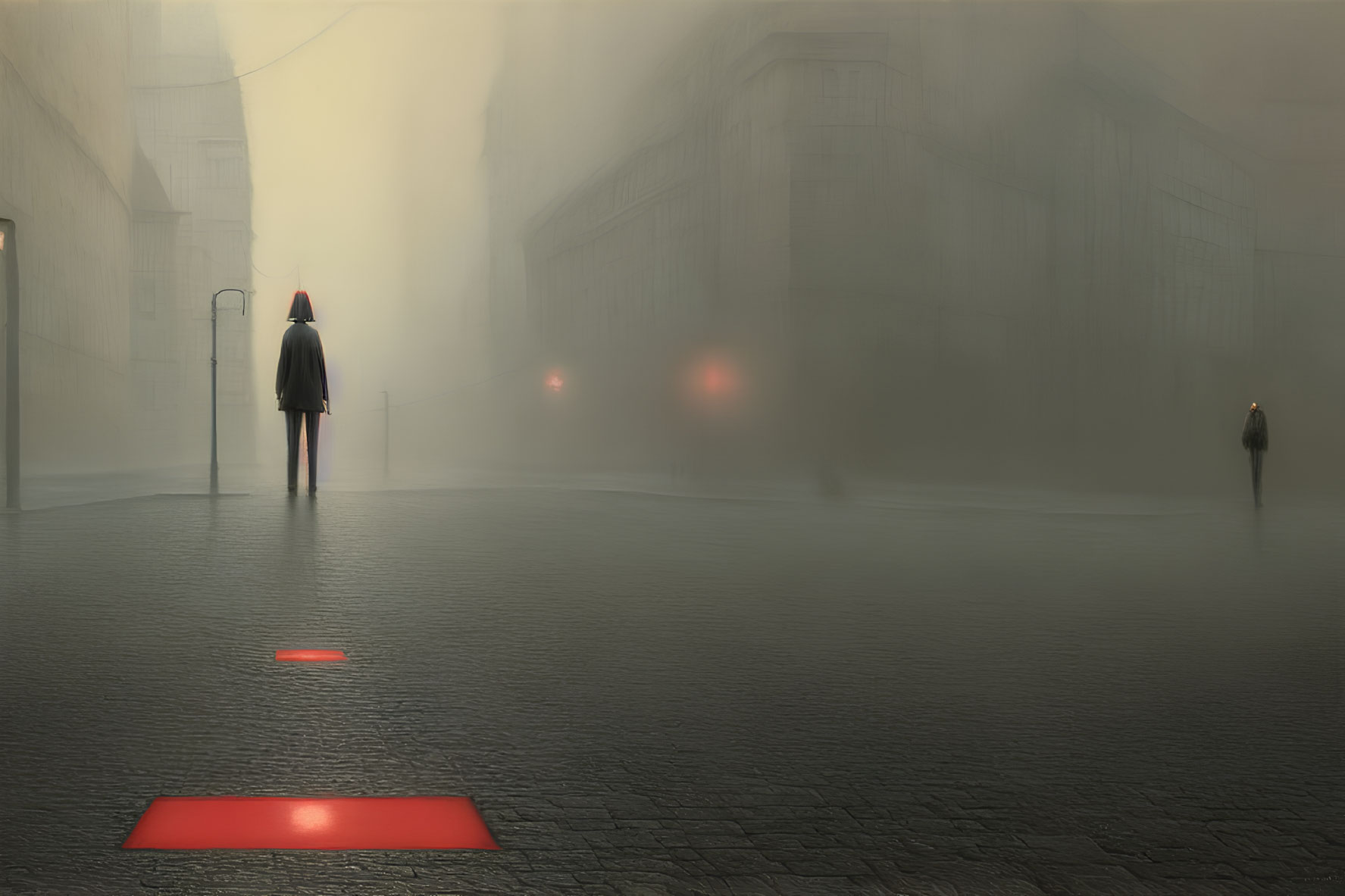 Surreal cityscape with large and small figures, cape-wearing person, red squares, and