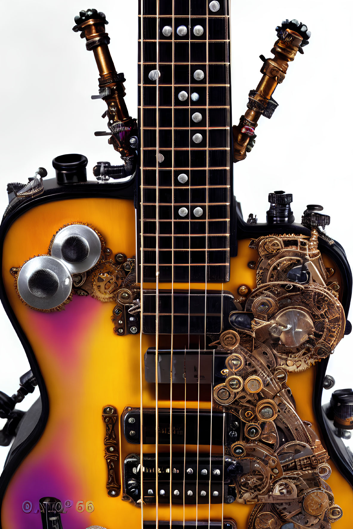 Steampunk Design Electric Guitar on Yellow-Purple Gradient Background