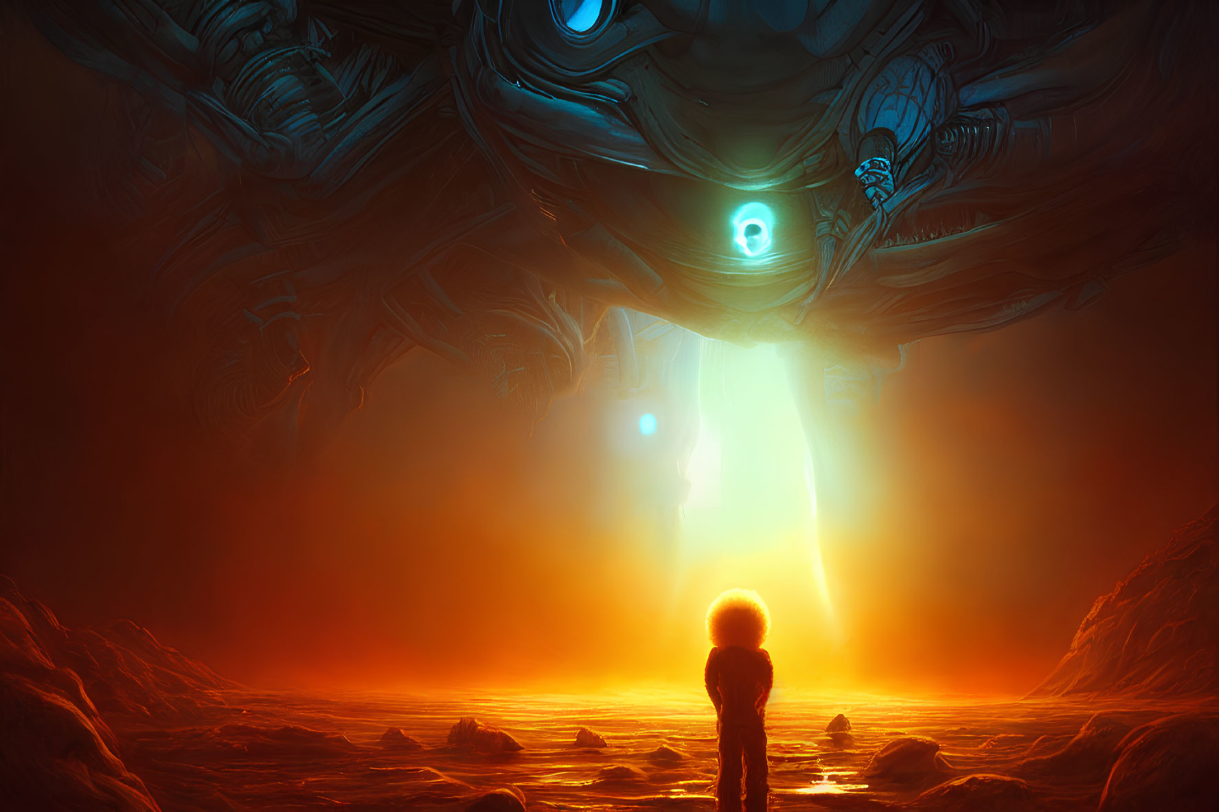 Child faces alien robot in fiery landscape with mysterious light.