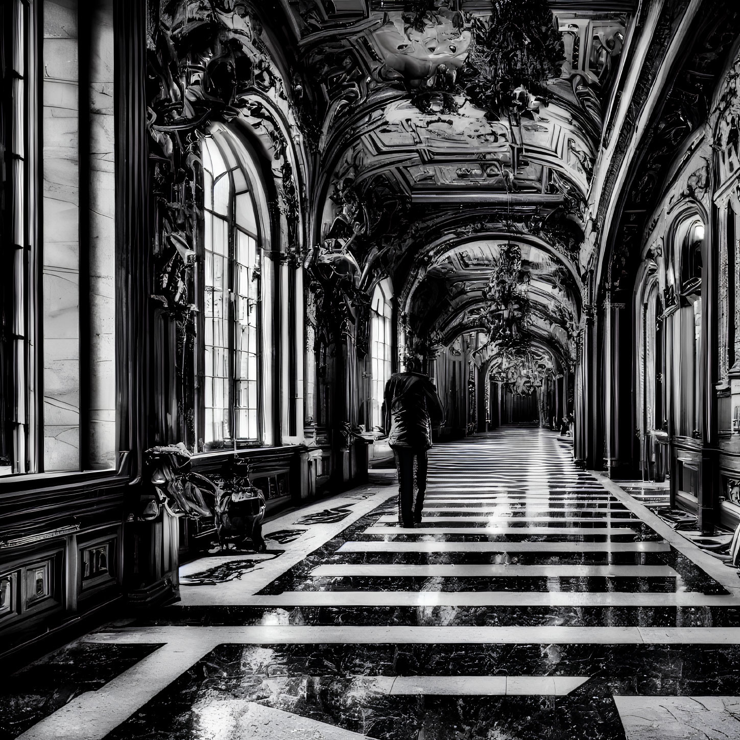 Ornate black and white corridor with checkered floors and arched windows