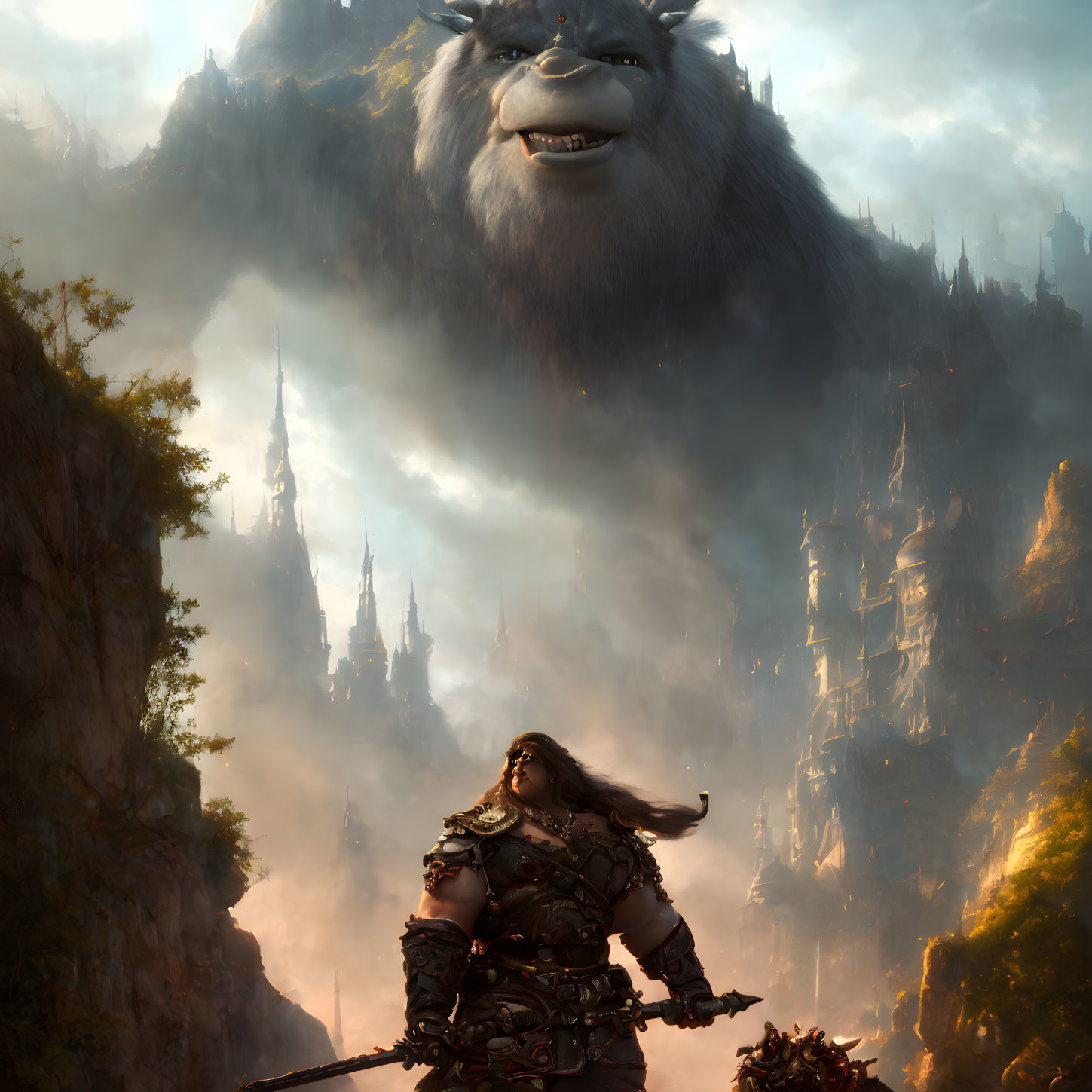 Armored warrior gazes at giant creature in misty fantasy landscape