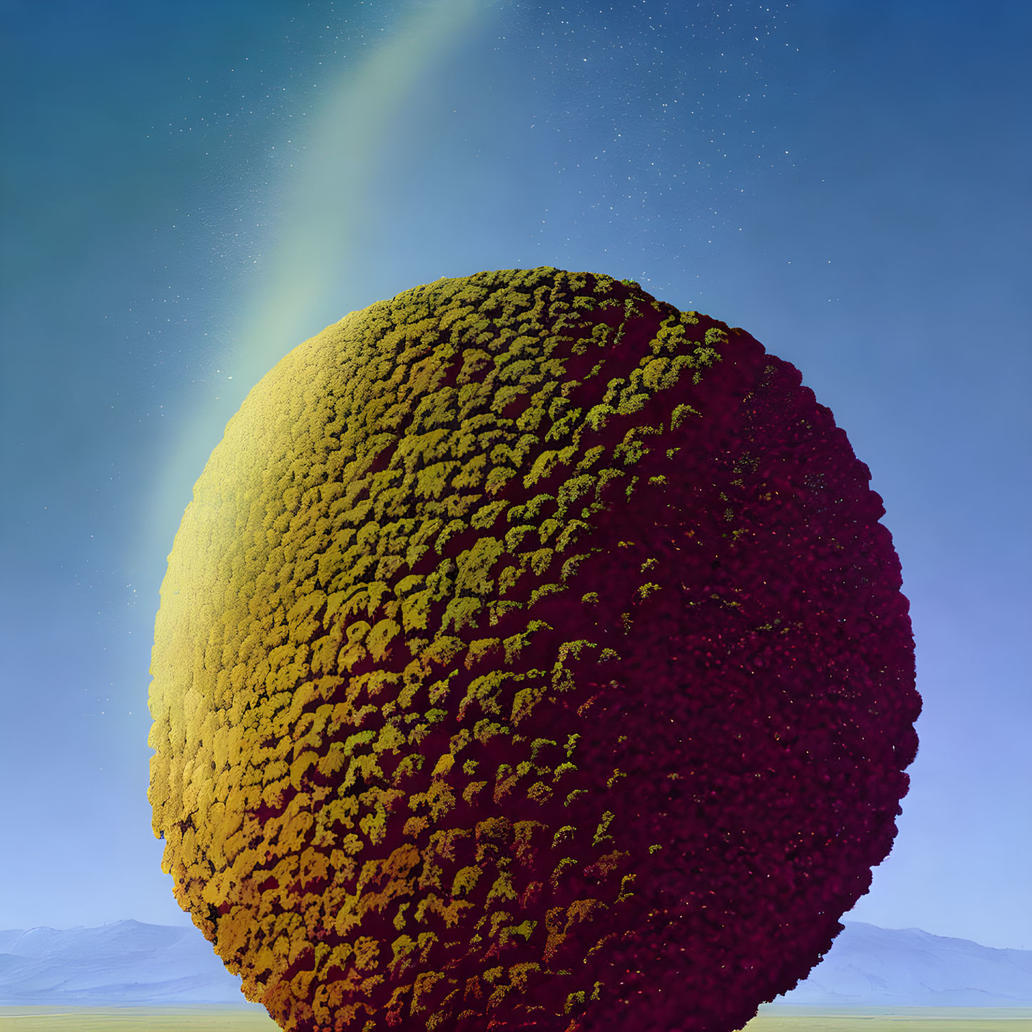 Textured spherical plant seed under starry sky with aurora