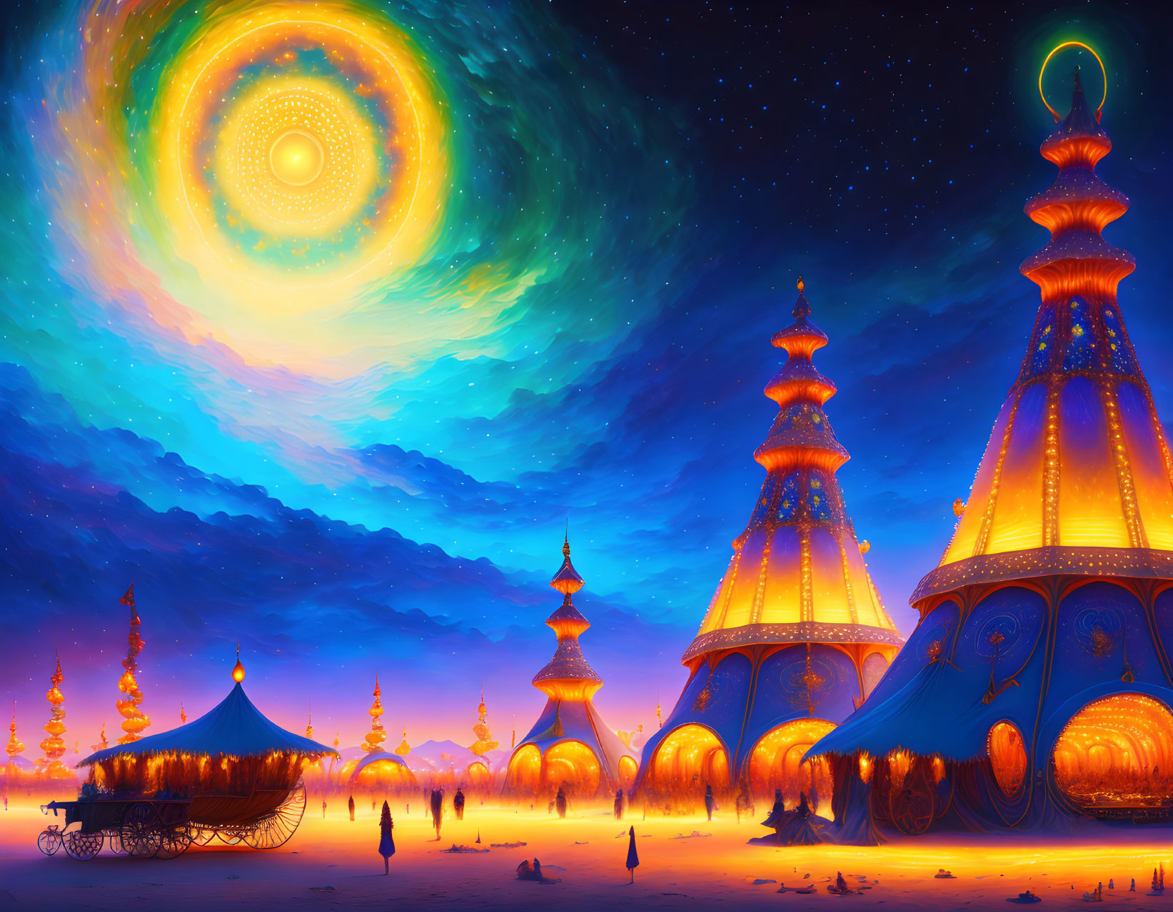 Colorful digital art: Ornate tents and towers under swirling celestial sky