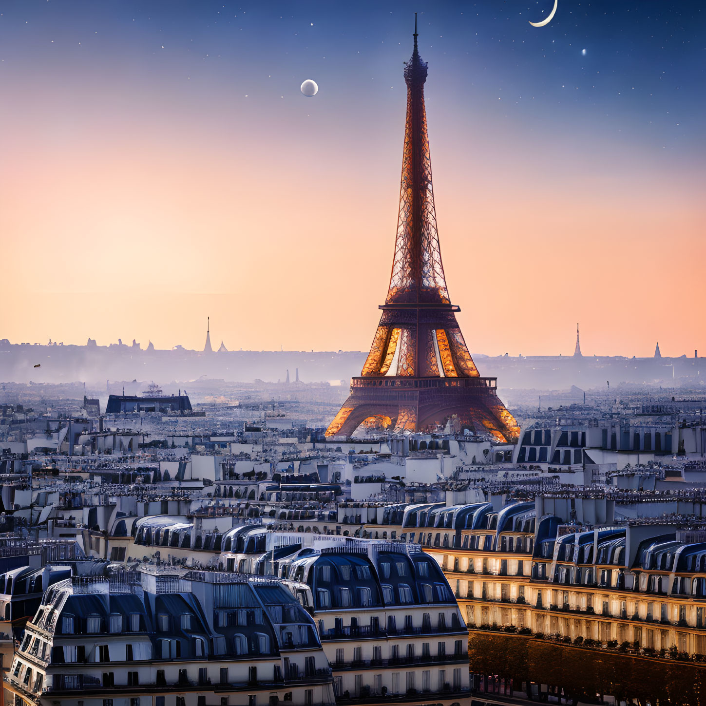 Eiffel Tower illuminated at twilight with crescent moon in Paris skyline