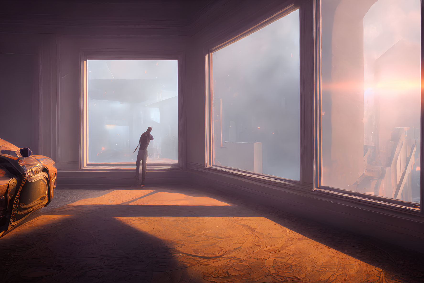 Person in Sunlit Room Observing Futuristic Cityscape