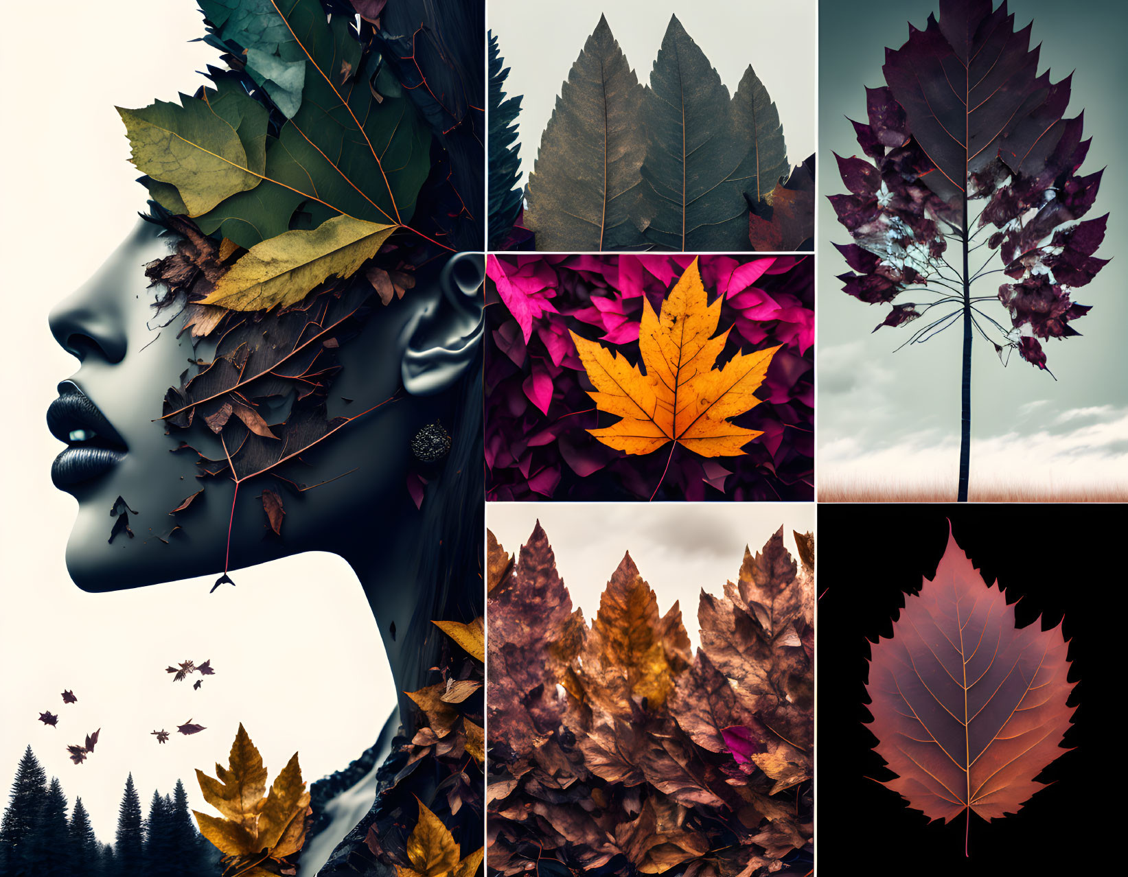 Autumn-themed collage with woman profile and colorful fall leaves.