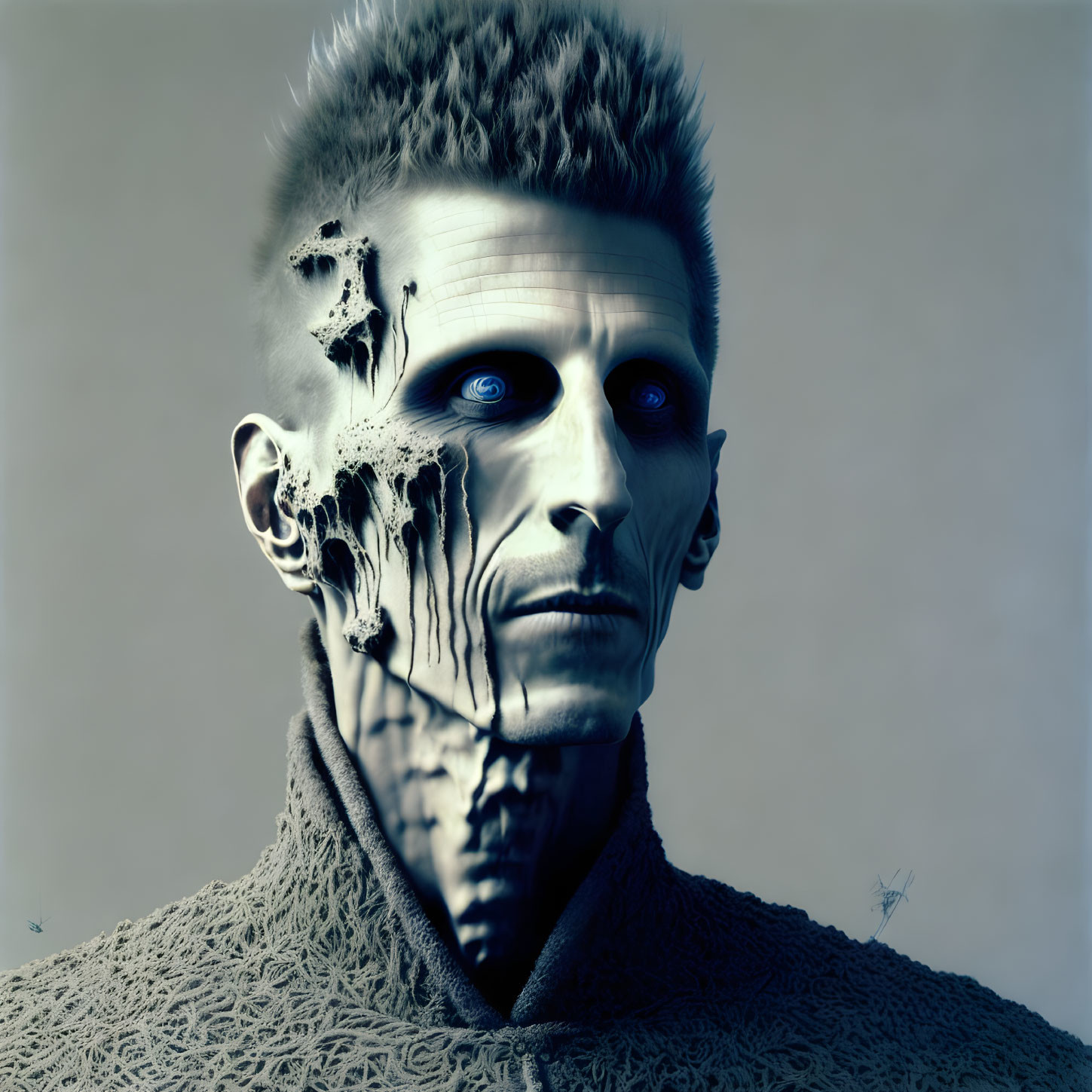 Blueish humanoid figure with textured neck and disintegrated face.