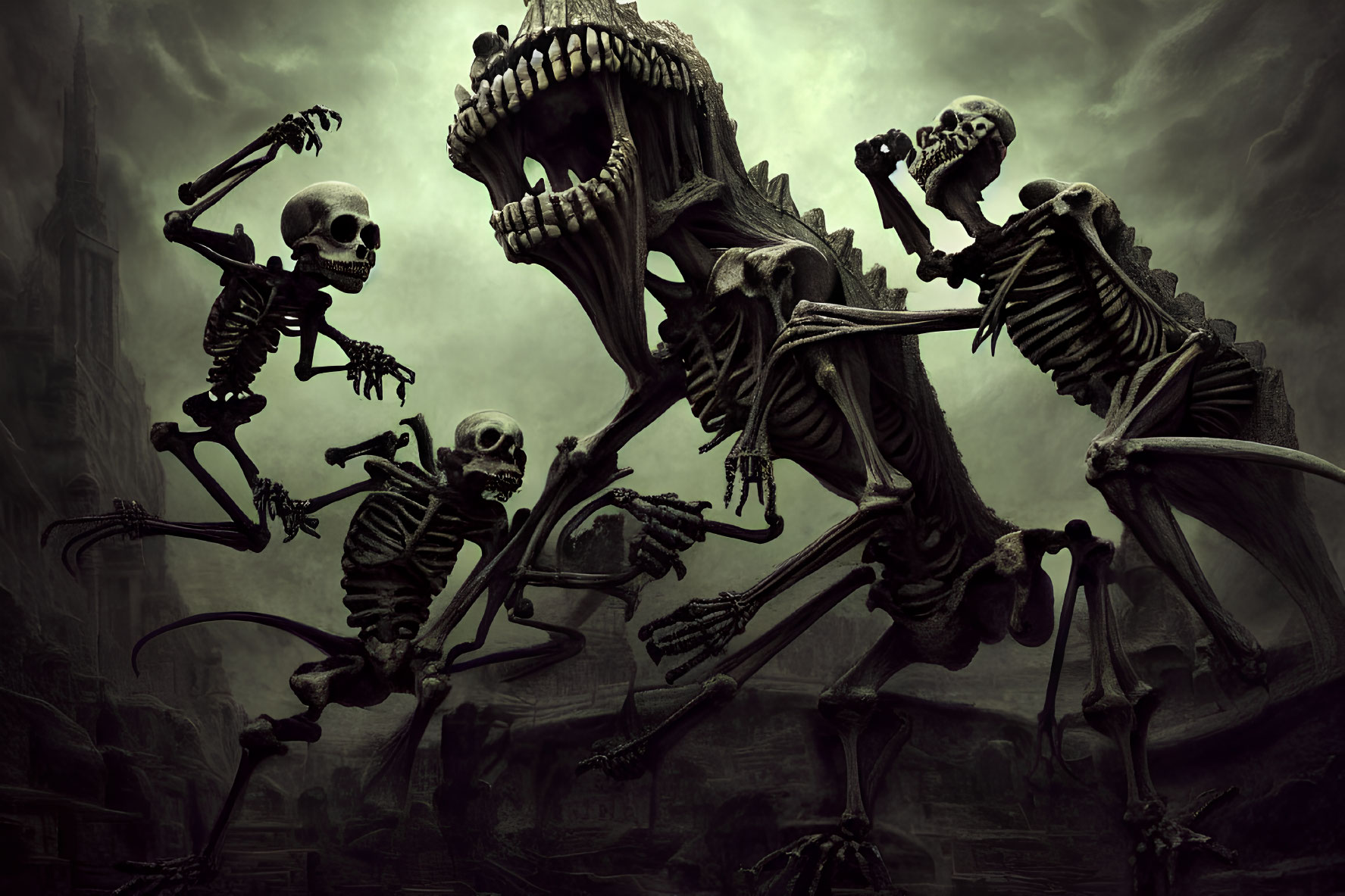 Dynamic poses of animated skeletons with a large skull-headed creature in a dark, gothic setting