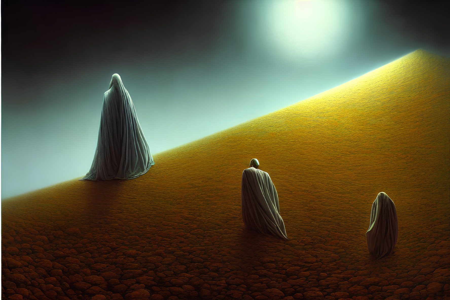 Mysterious cloaked figures in desert landscape under soft glow