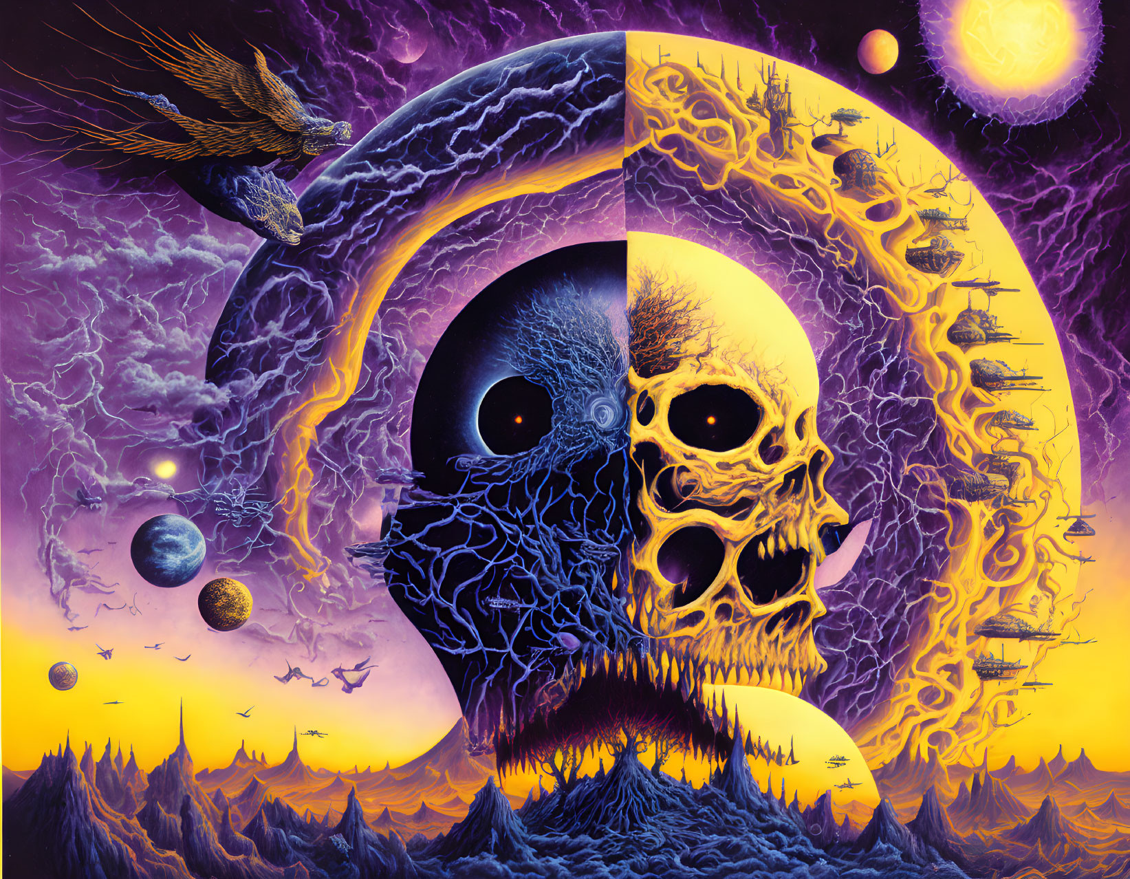 Cosmic surreal artwork with skull, eyeball, planets, eagle, trees, and purple sky