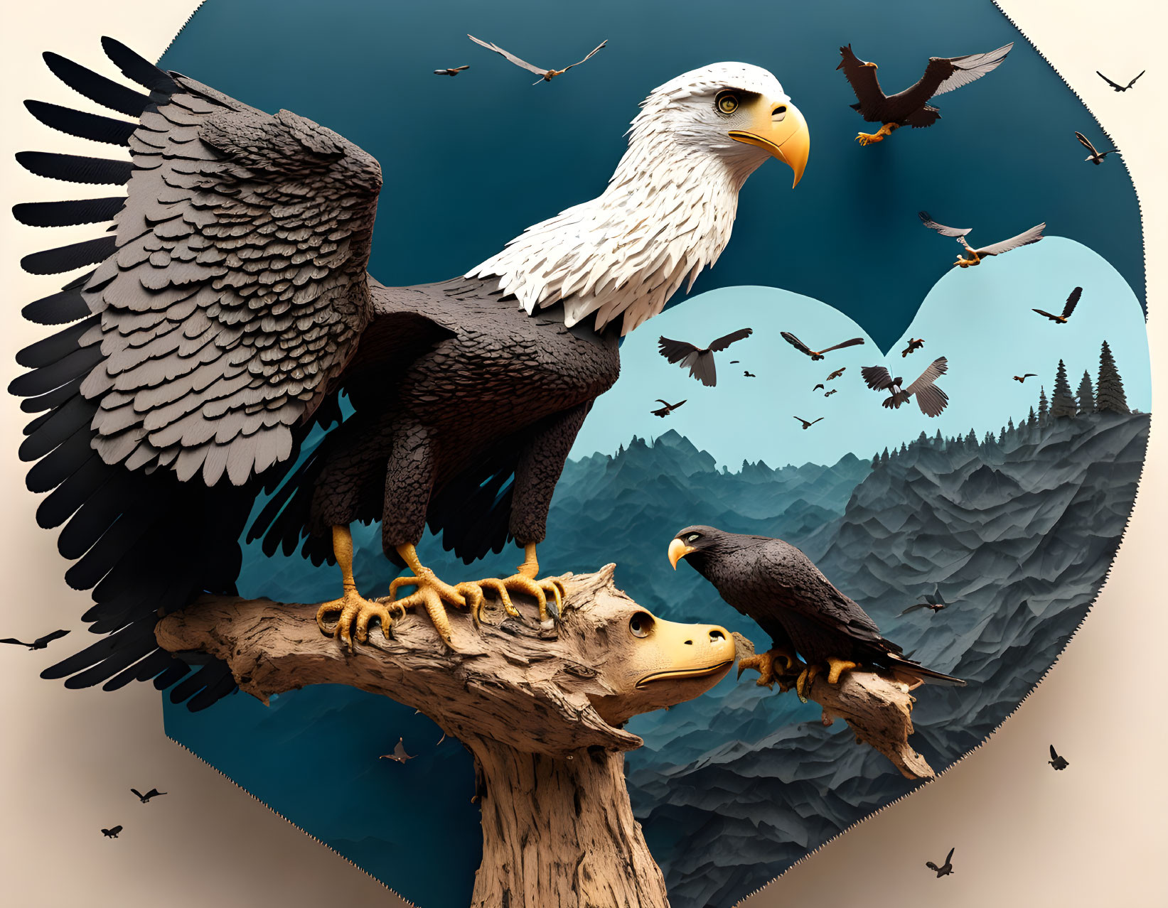 Stylized image: Two eagles on branch, one with spread wings, mountains backdrop