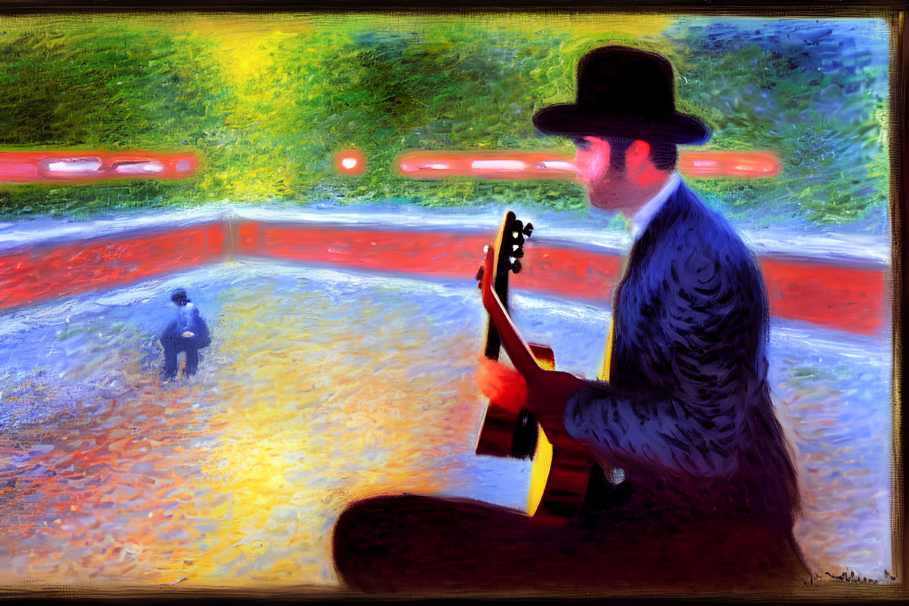 Colorful painting of man playing guitar at train station