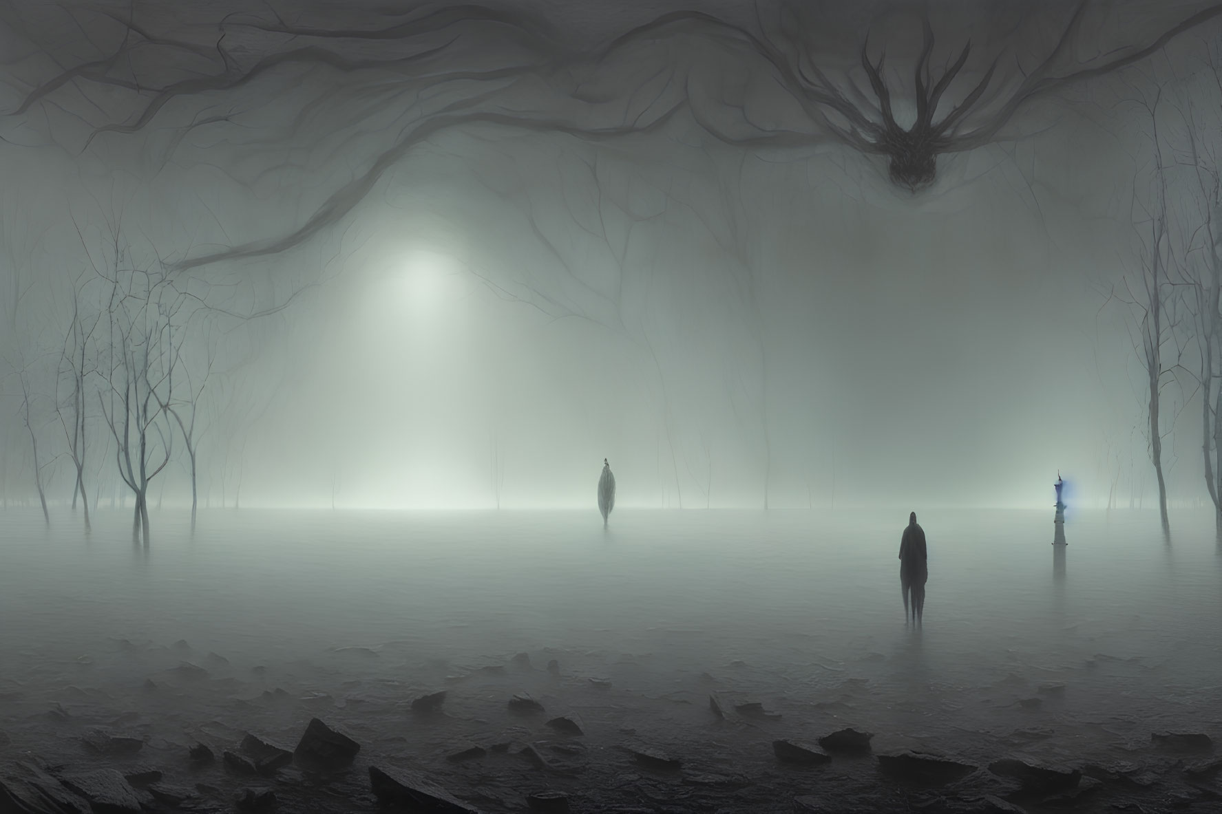 Mystical foggy landscape with silhouetted figures and glowing light