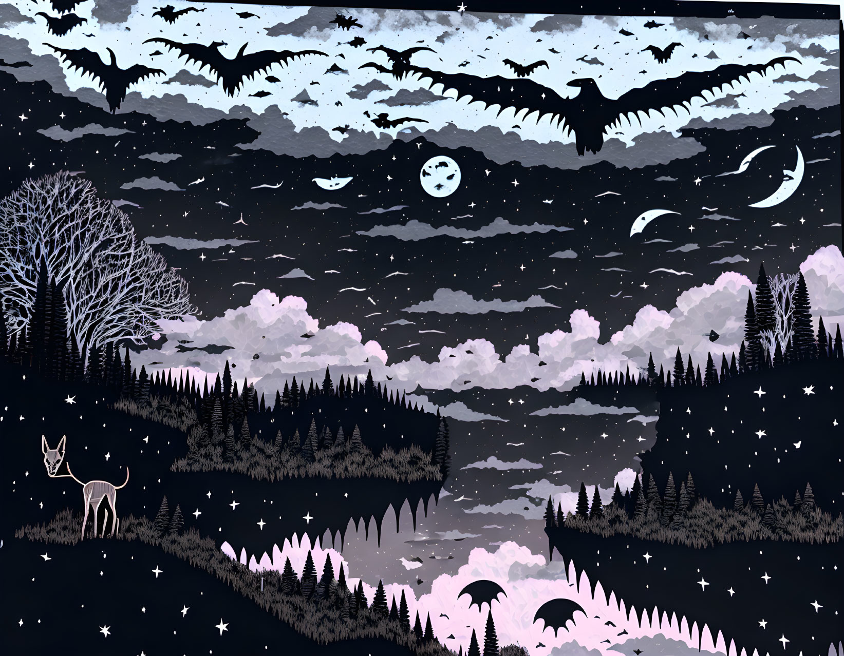 Nocturnal landscape with flying birds, deer, trees, clouds, stars, and crescent moon