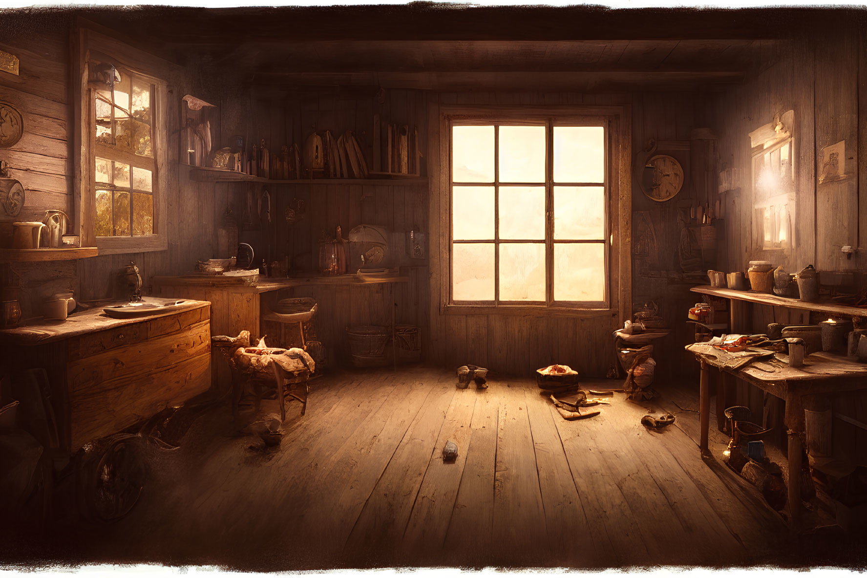 Cozy wooden cabin interior with sink, table, and household items