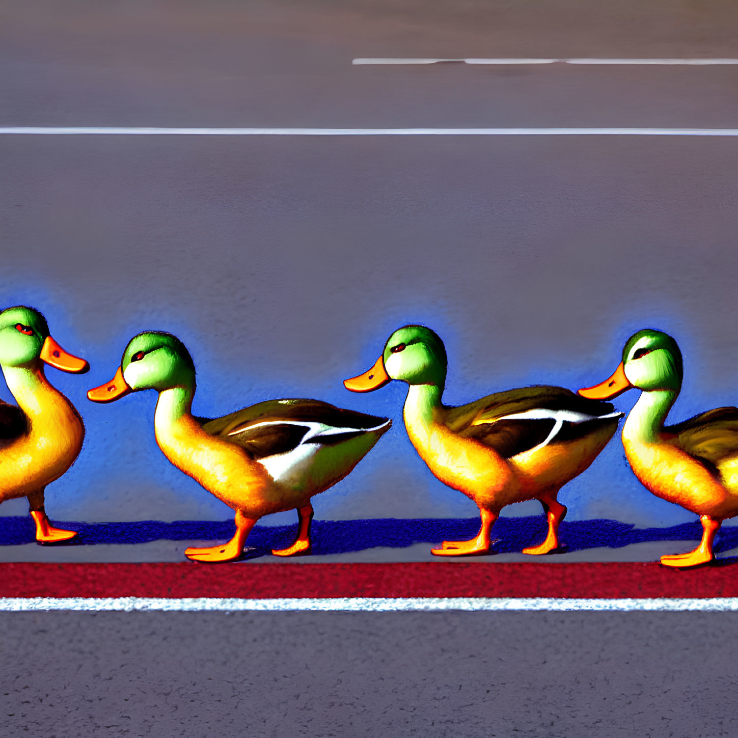 Group of Cartoon Ducks Crossing Pedestrian Road