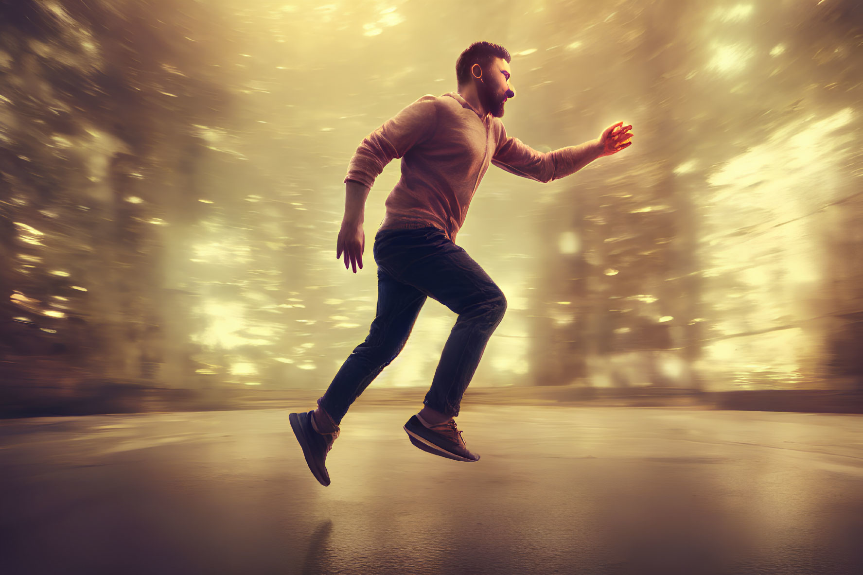 Man in casual attire frozen mid-stride on sunlit forest path