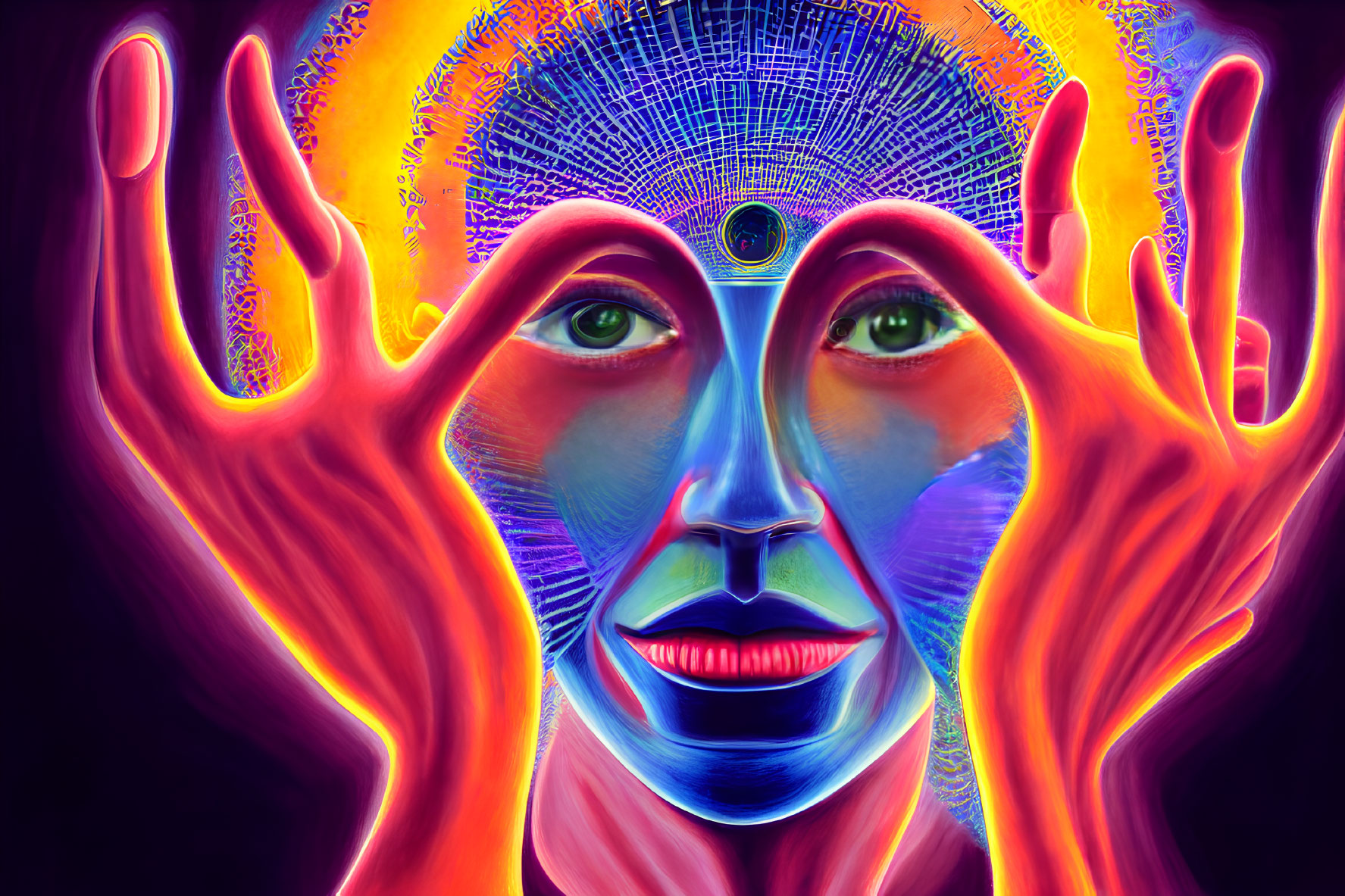 Colorful digital artwork of a face with neon colors, third eye, and hands on dark background