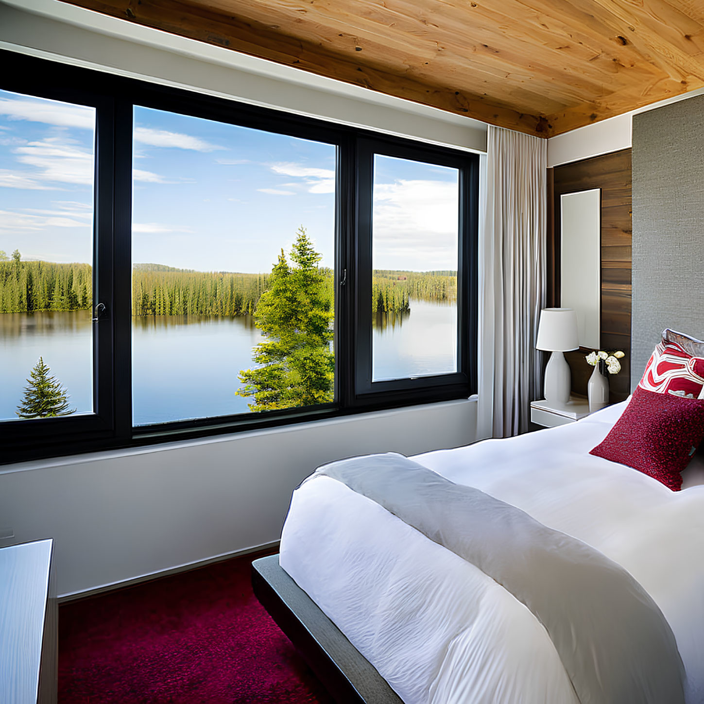 Spacious bedroom with panoramic lake view