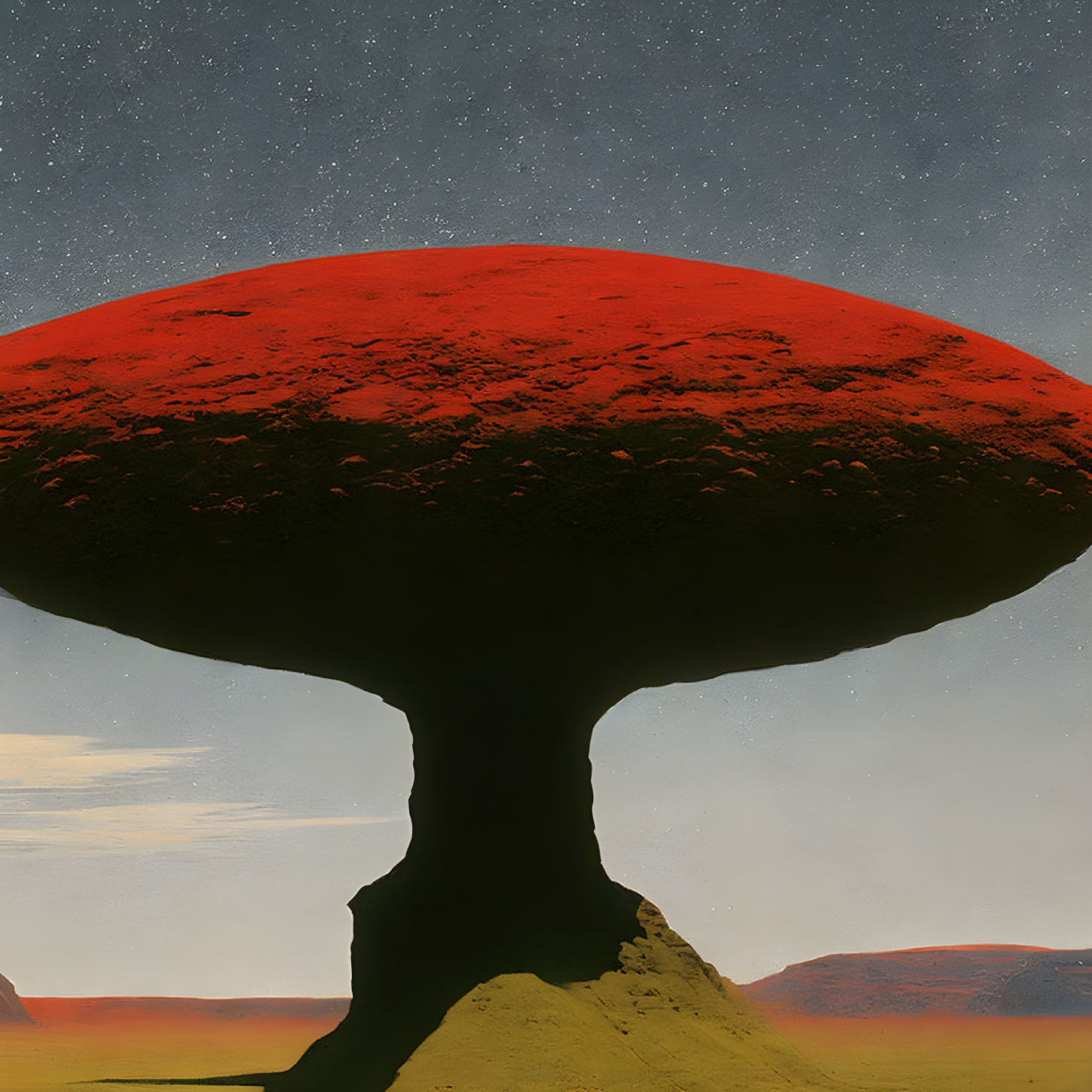 Surreal landscape with colossal mushroom structure under starry sky