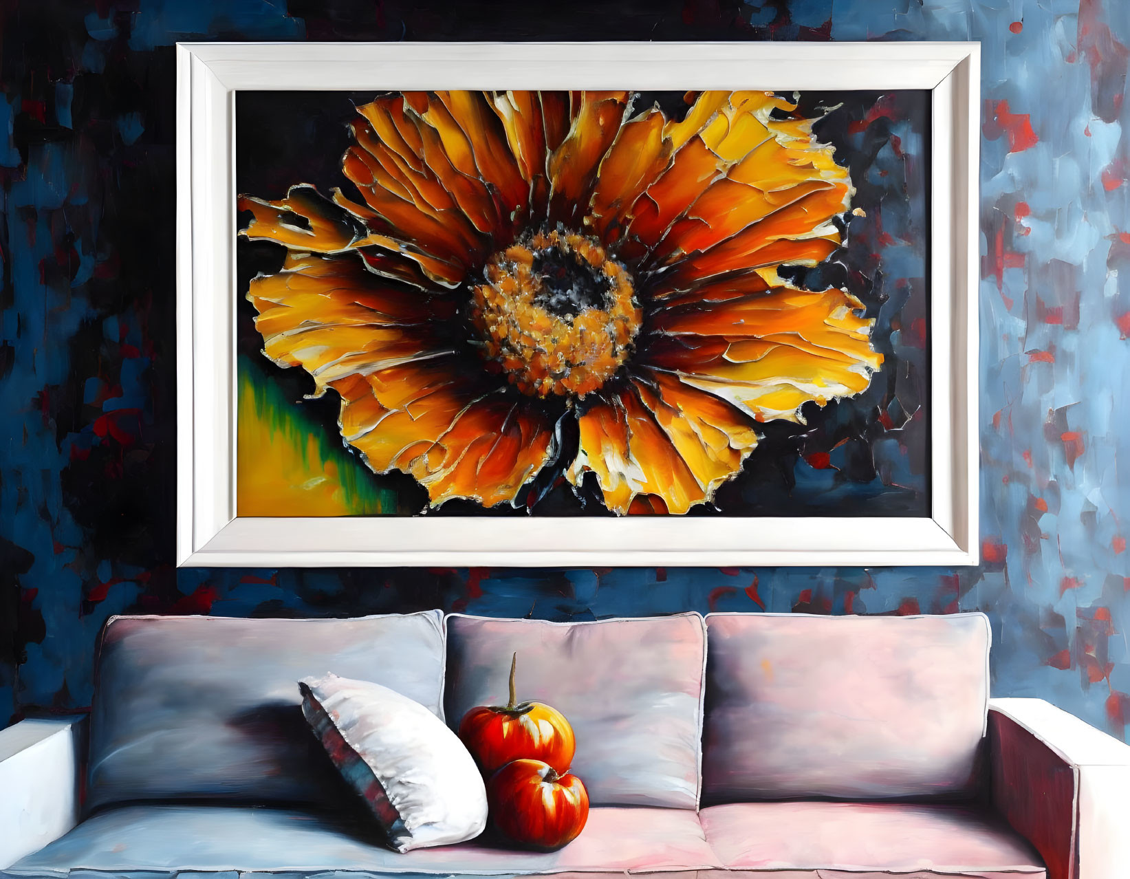 Colorful Flower Painting Above Grey Sofa with Pumpkins on Blue Textured Wall