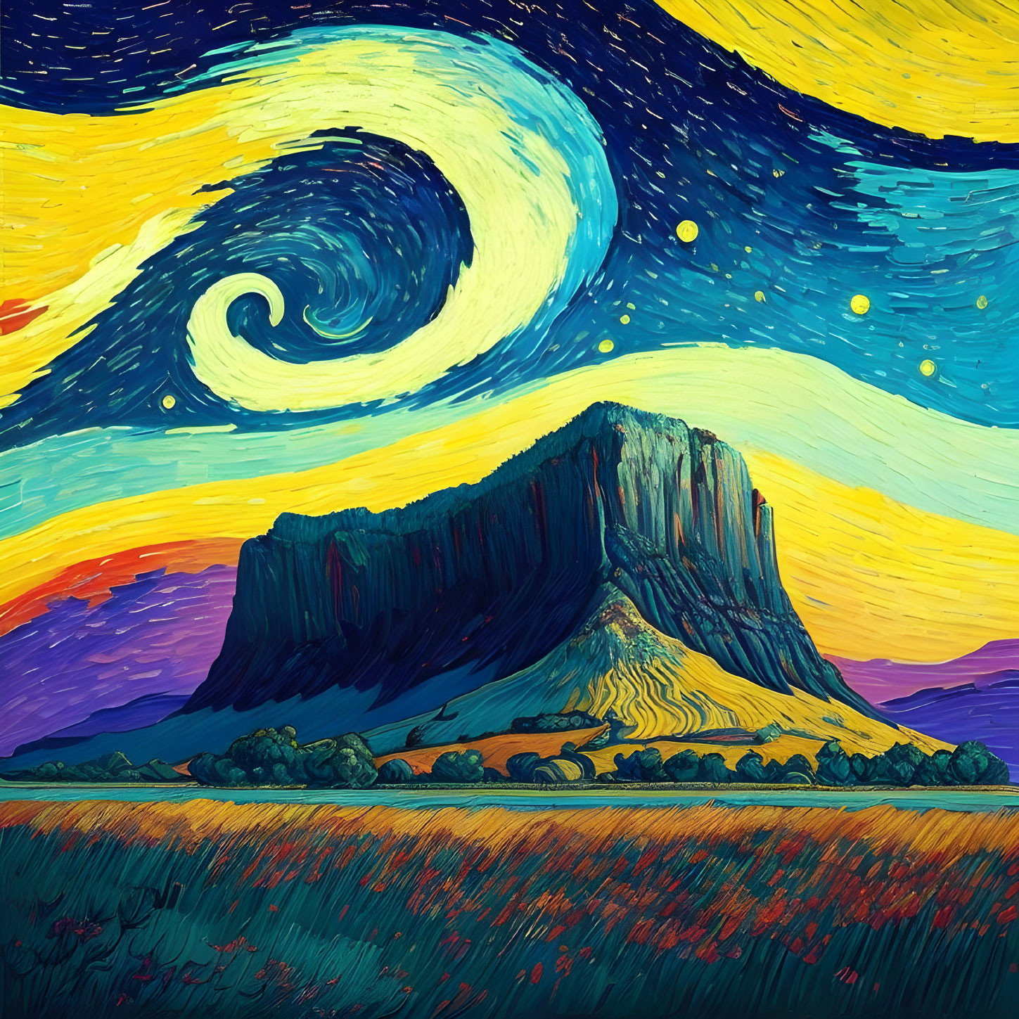 Colorful mountain landscape under swirling starry sky artwork