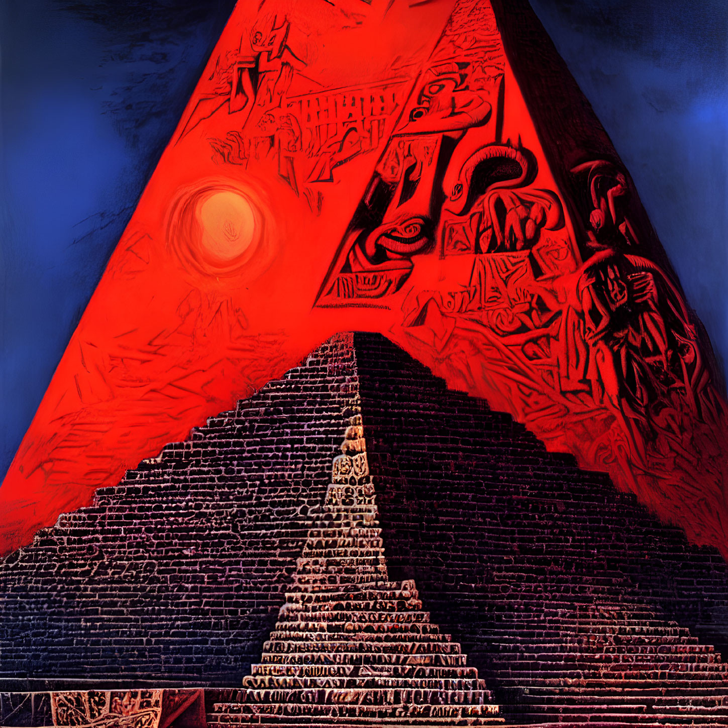 Egyptian pyramid under red sky with hieroglyphs: Mystical ancient art