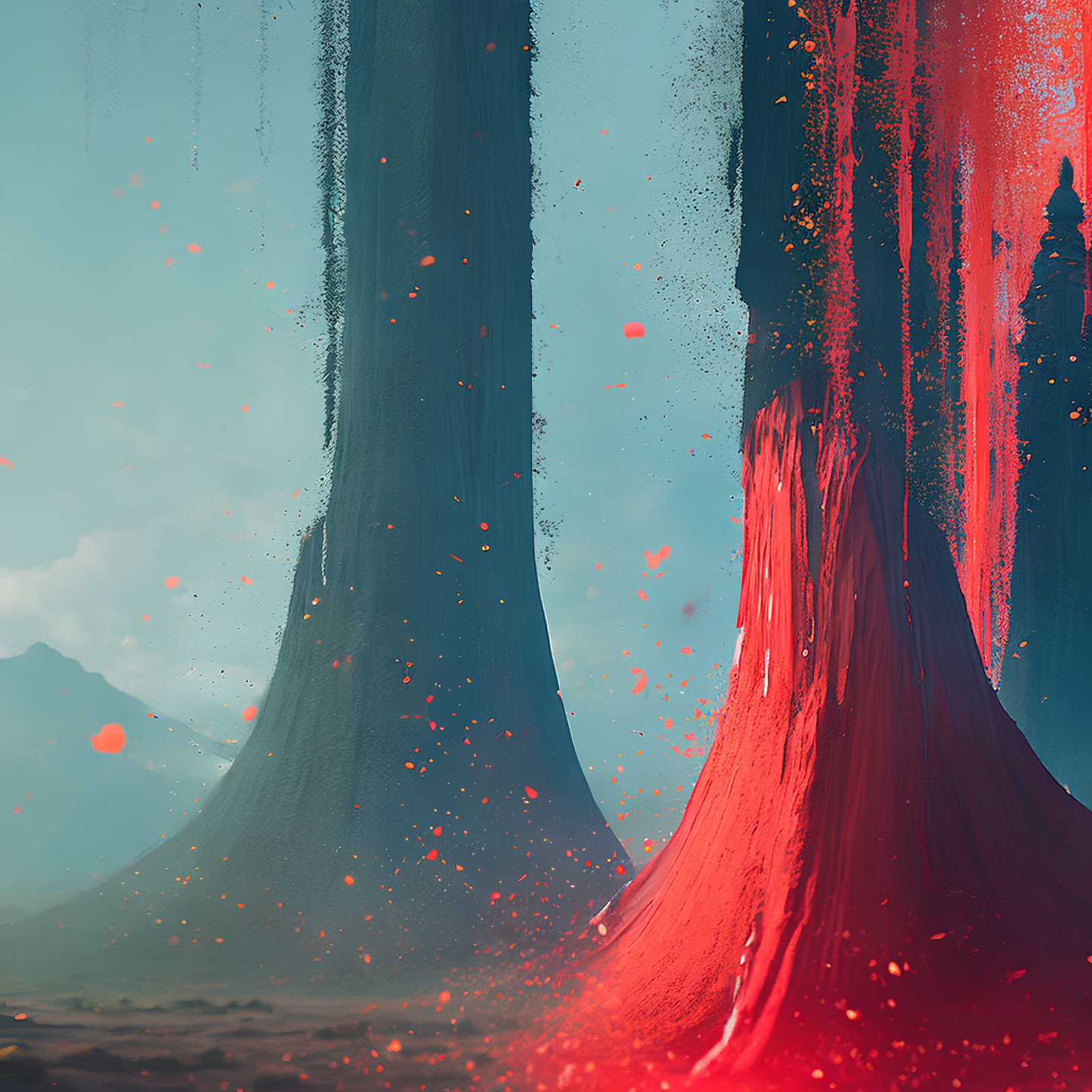 Mystical landscape with giant red and blue trees and glowing particles