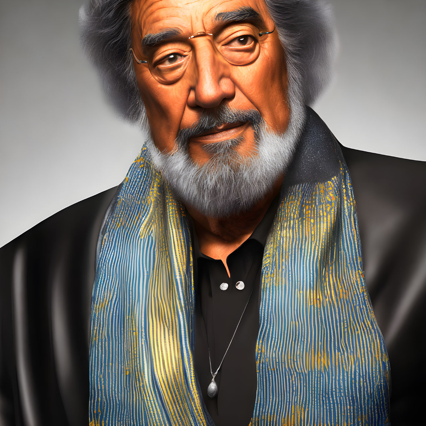 Elderly Man Digital Portrait in Black Jacket and Blue Scarf