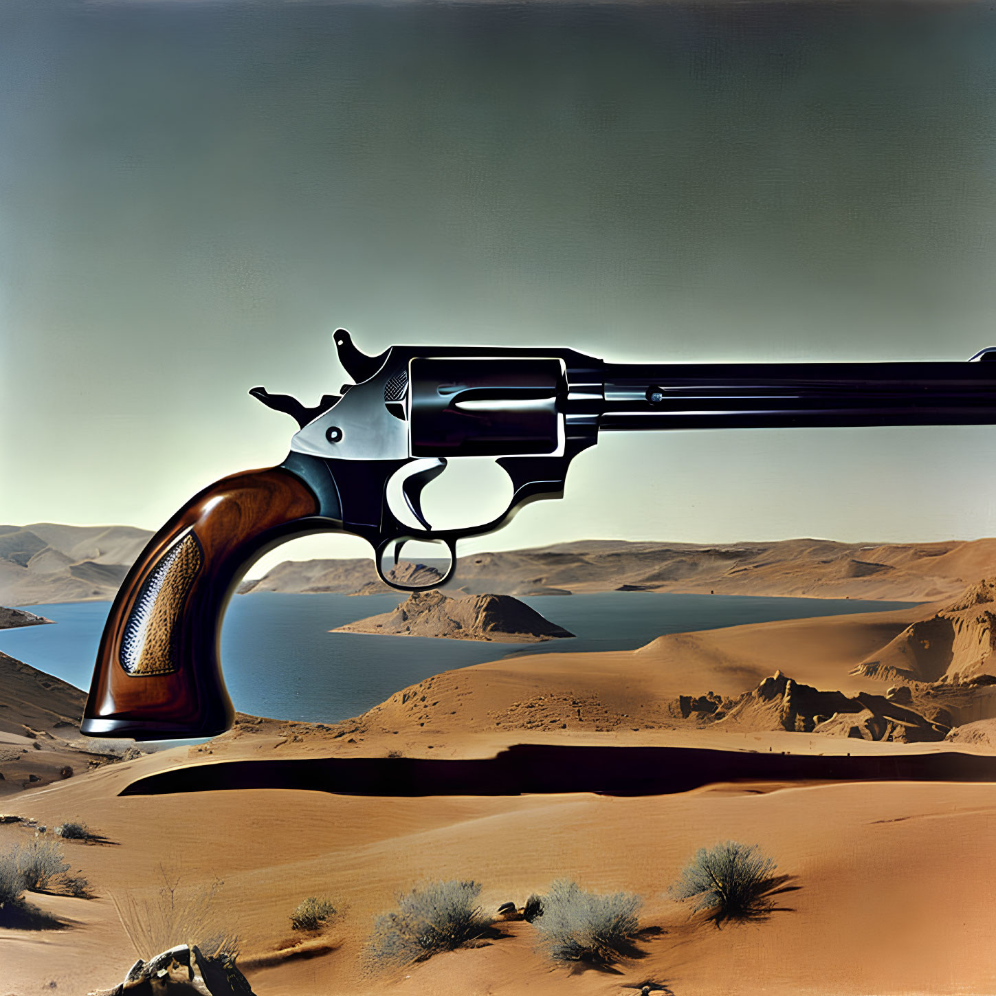 Detailed Hyperrealistic Revolver Illustration with Desert Landscape Reflection