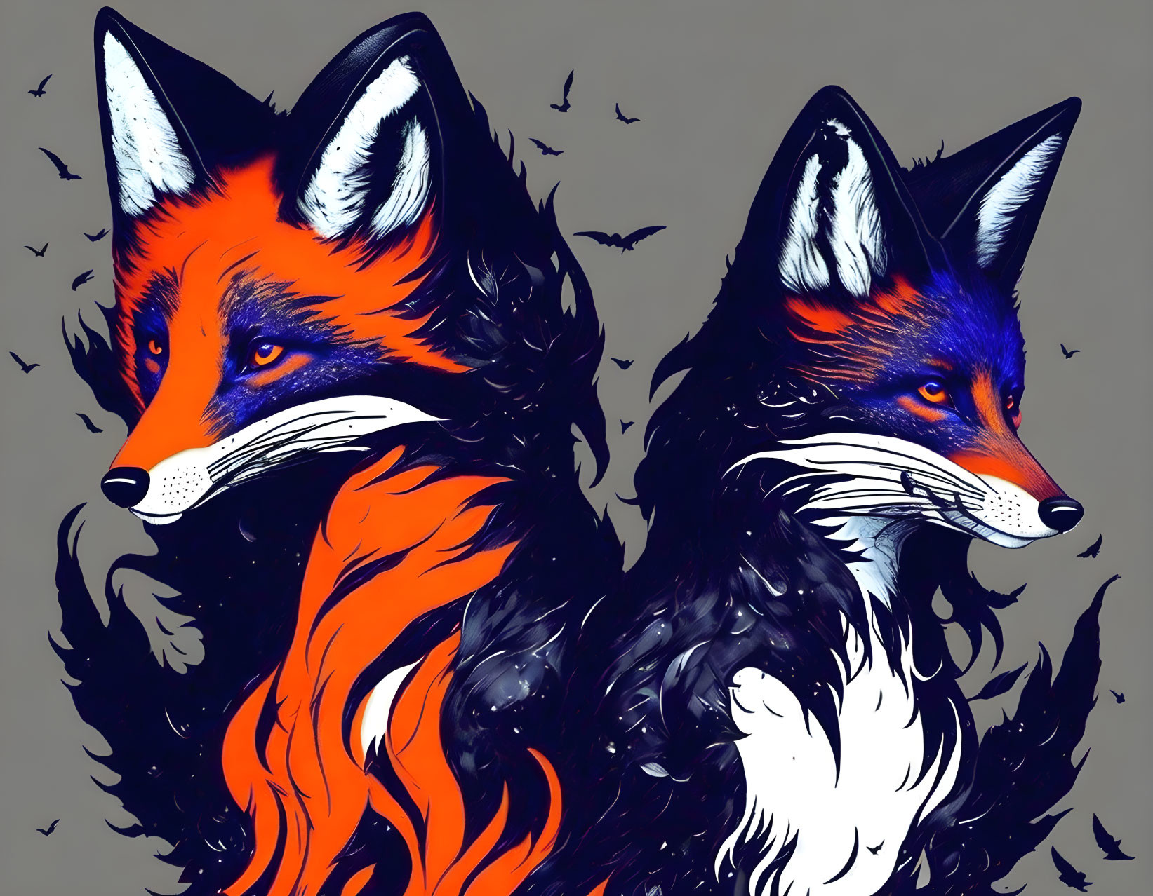 Stylized red and black foxes with blue eyes on grey background with silhouette birds