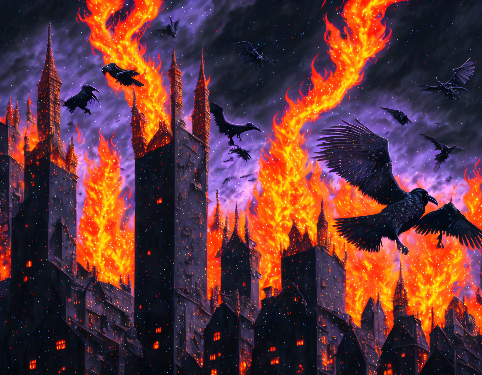 Cityscape with gothic buildings on fire at night with flying crows.
