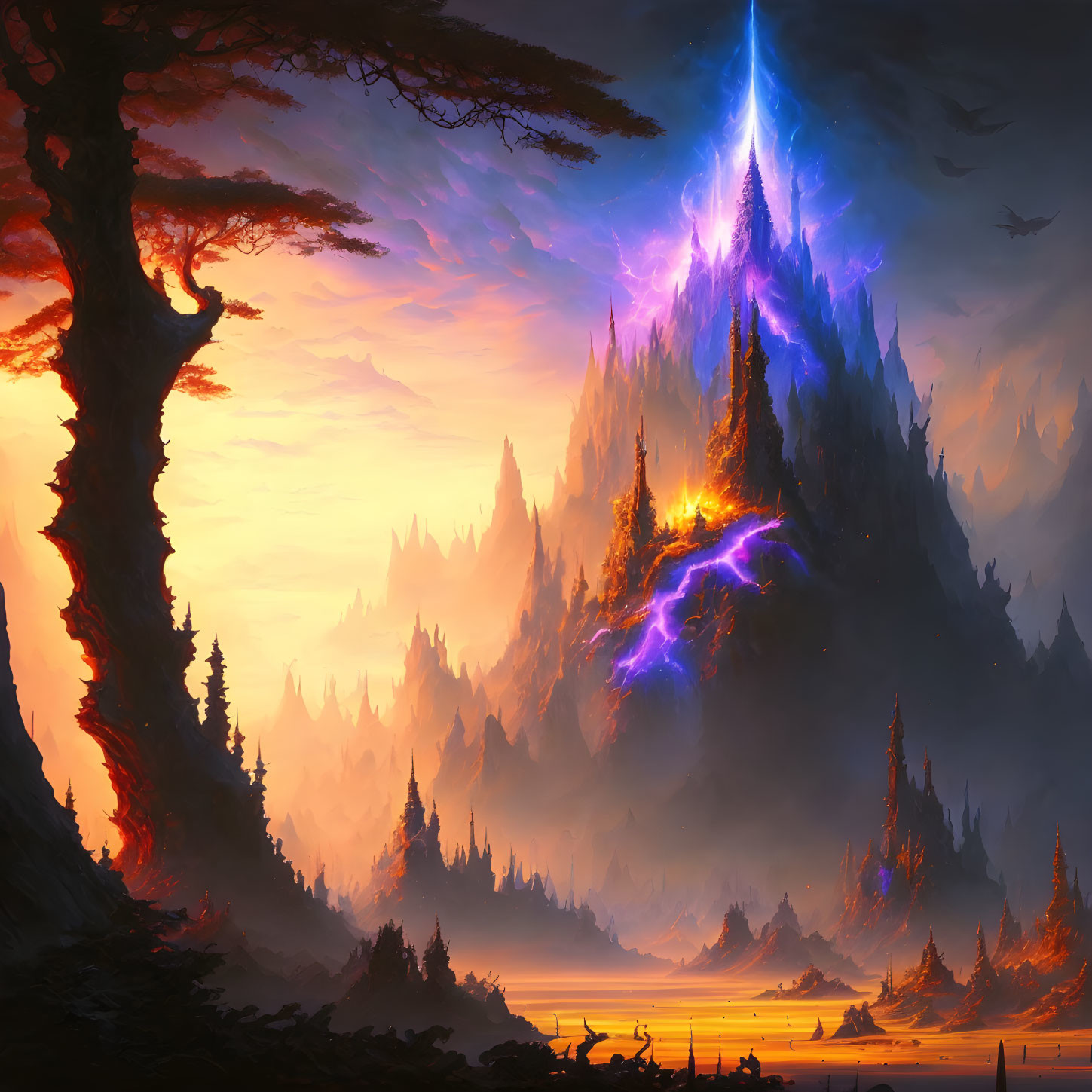 Mystical landscape with glowing crystal mountain in twilight sky