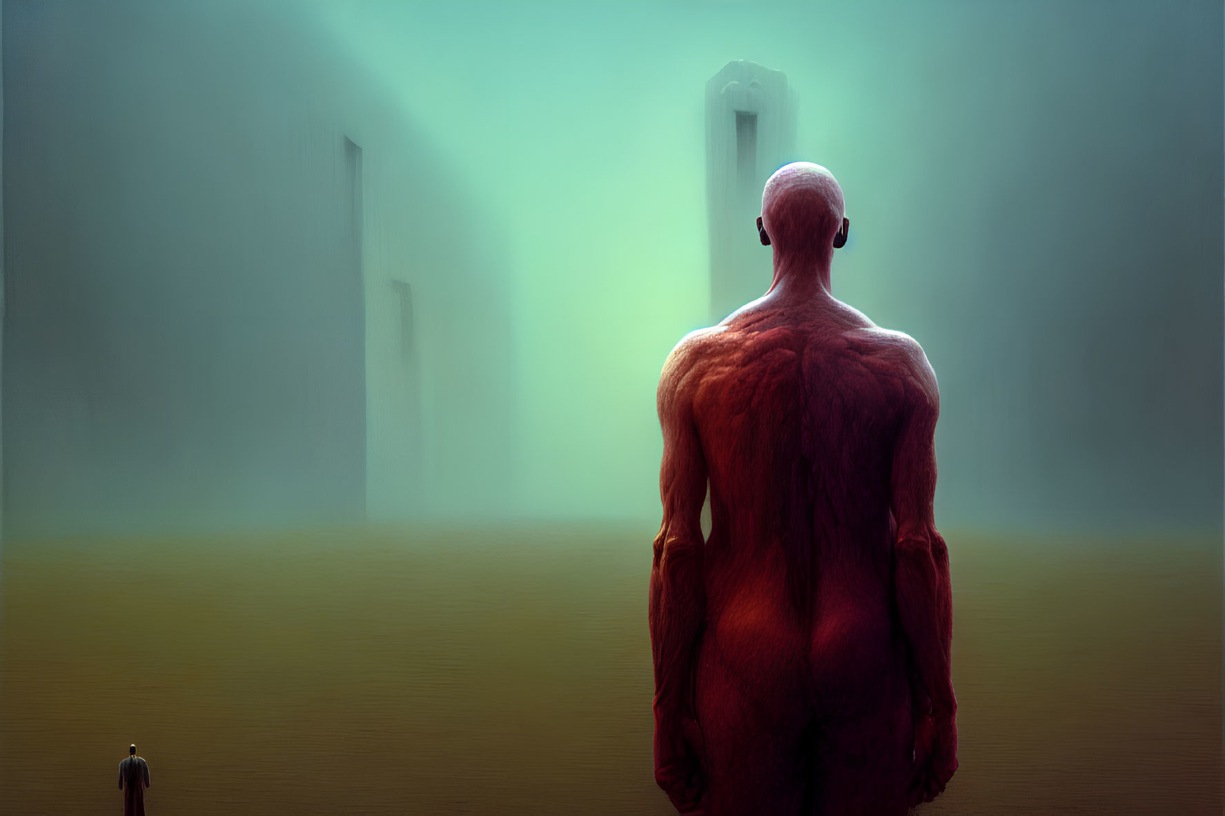 Bald muscular humanoid in misty surreal landscape with towering doors