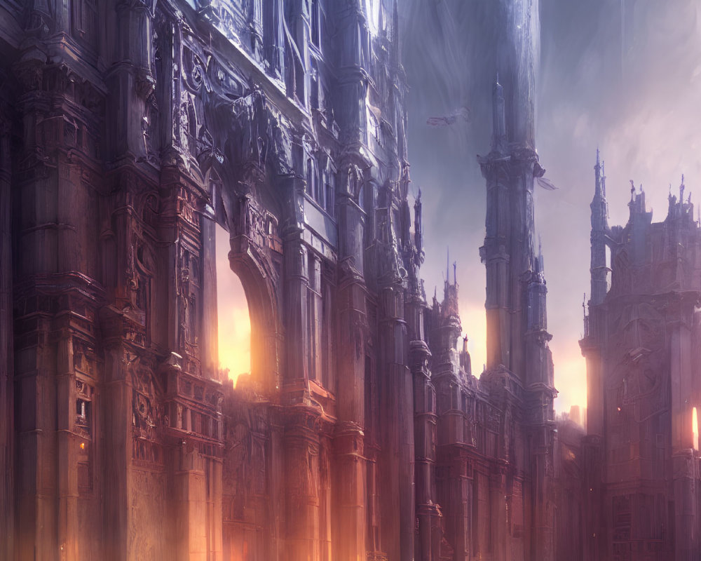 Gothic-style fantasy cityscape at dusk with glowing windows and misty ambiance