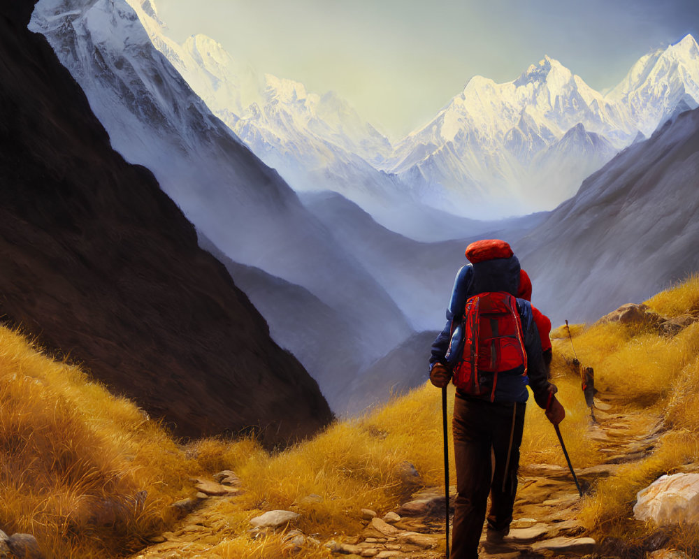 Hiker with red backpack walking on mountain path towards snowy peaks