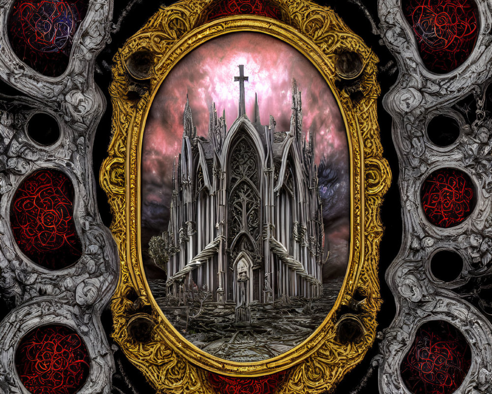 Gothic cathedral scene with glowing cross in ornate gold frame