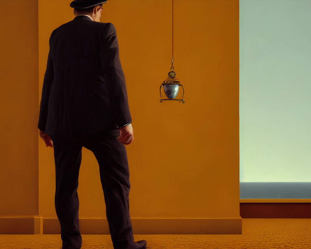 Man in suit and hat with vintage lantern by blank canvas on orange wall